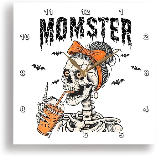 3dRose, Funny Vintage Halloween Momster Skeleton Having a Latte, 10x10 Wall Clock