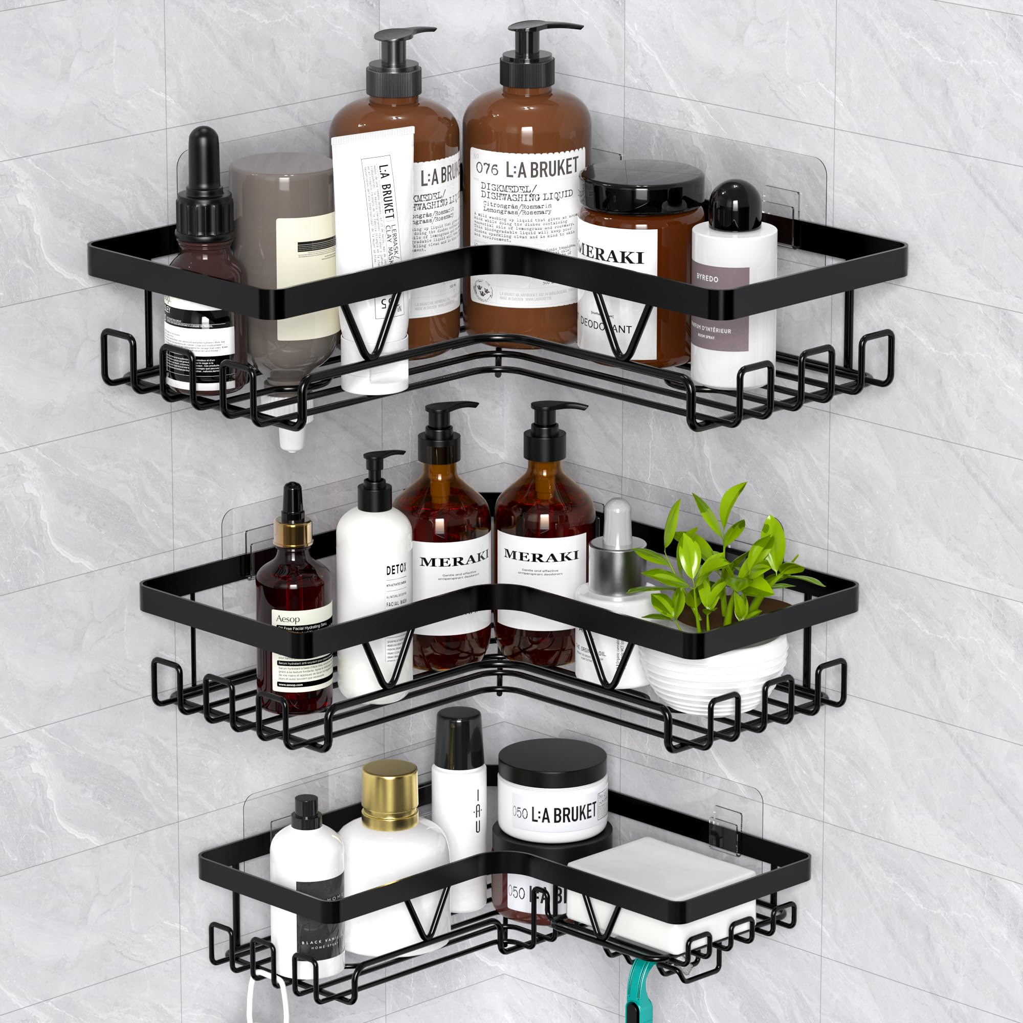 Kegii Corner Shower Caddy, Bathroom Shower Organiser Shower Storage with Soap Holder, No Drilling Bathroom Corner Shelves, Black 3 Pack - Image 2