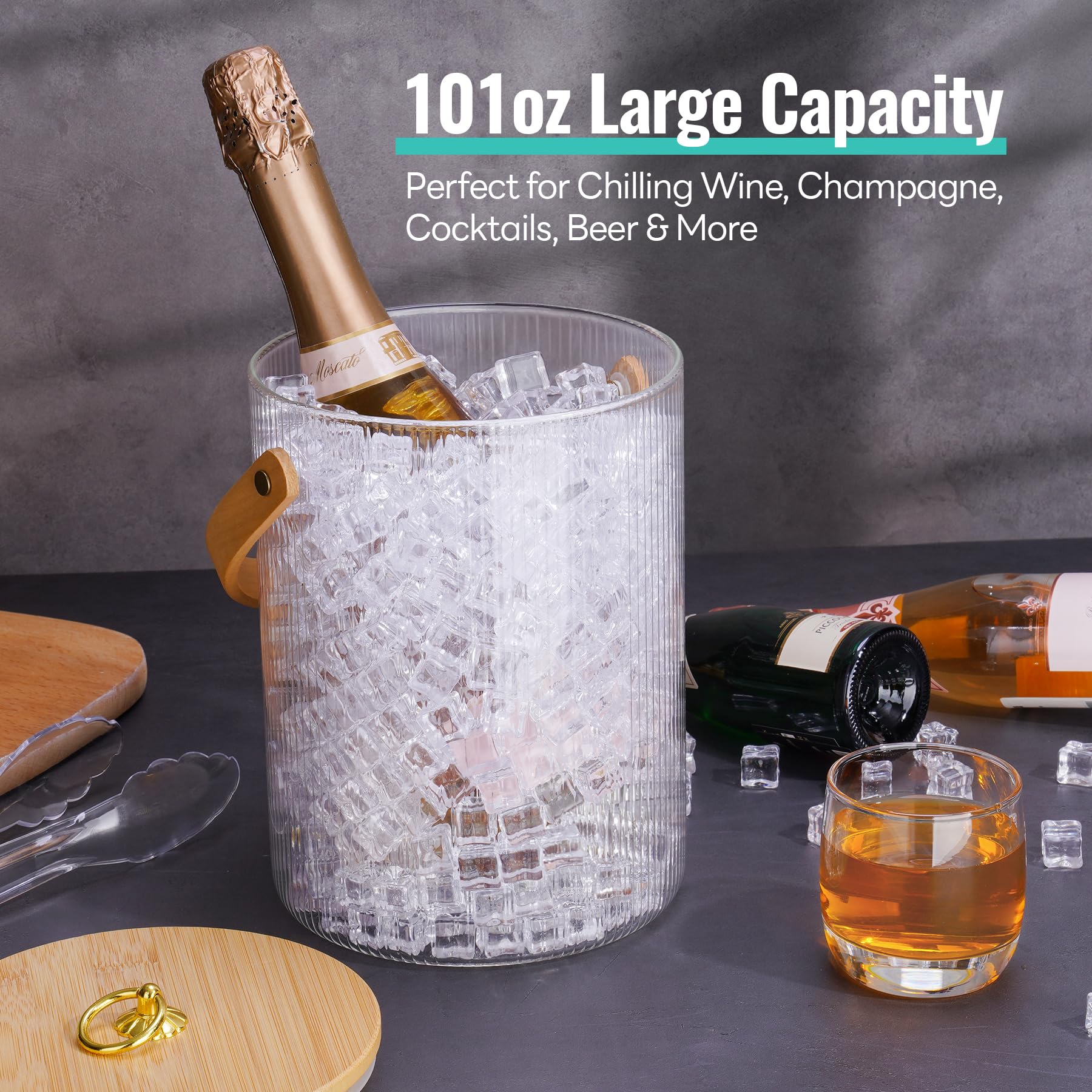 NiHome 3L Glas Eiswürfelbehälter mit Bamboo Deckel, Schaufel & Zange – Eiskübel mit Griff und rutschfester Basis, Eisbehälter für Eiswürfel, ideal zum Kühlen von Bier, Wein und Sekt bei Party oder Bar