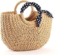 YXILEE Handmade Straw Tote Bag for Women - Large Summer Beach Tote with Polka Dot Scarf, Artisan Crafted