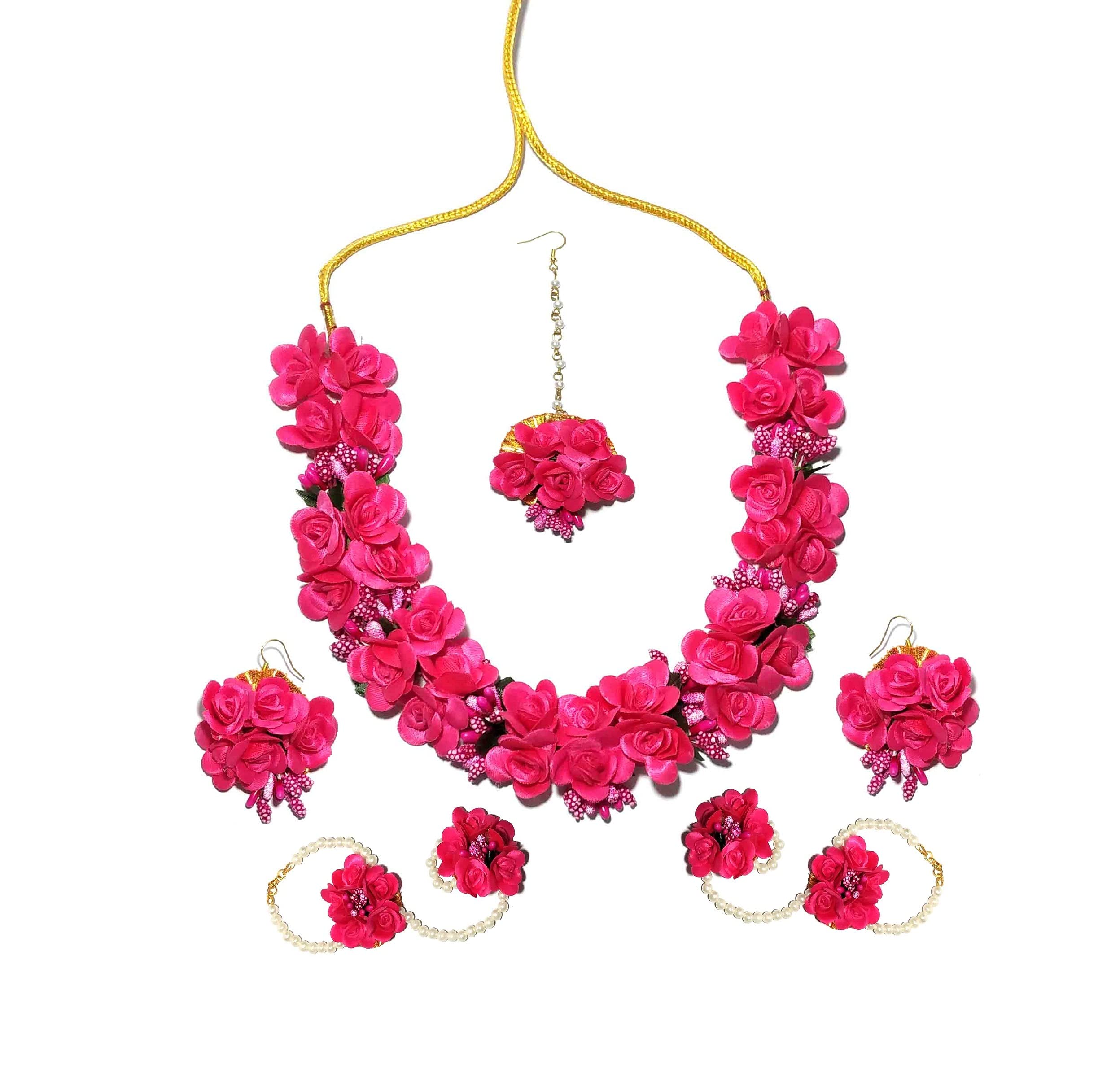Pinoozclub Pink Flower Necklace/Earring/Maangtika/Hathfool Set For Women/Girls (B07SLRK24N) Amazon Price History, Amazon Price Tracker