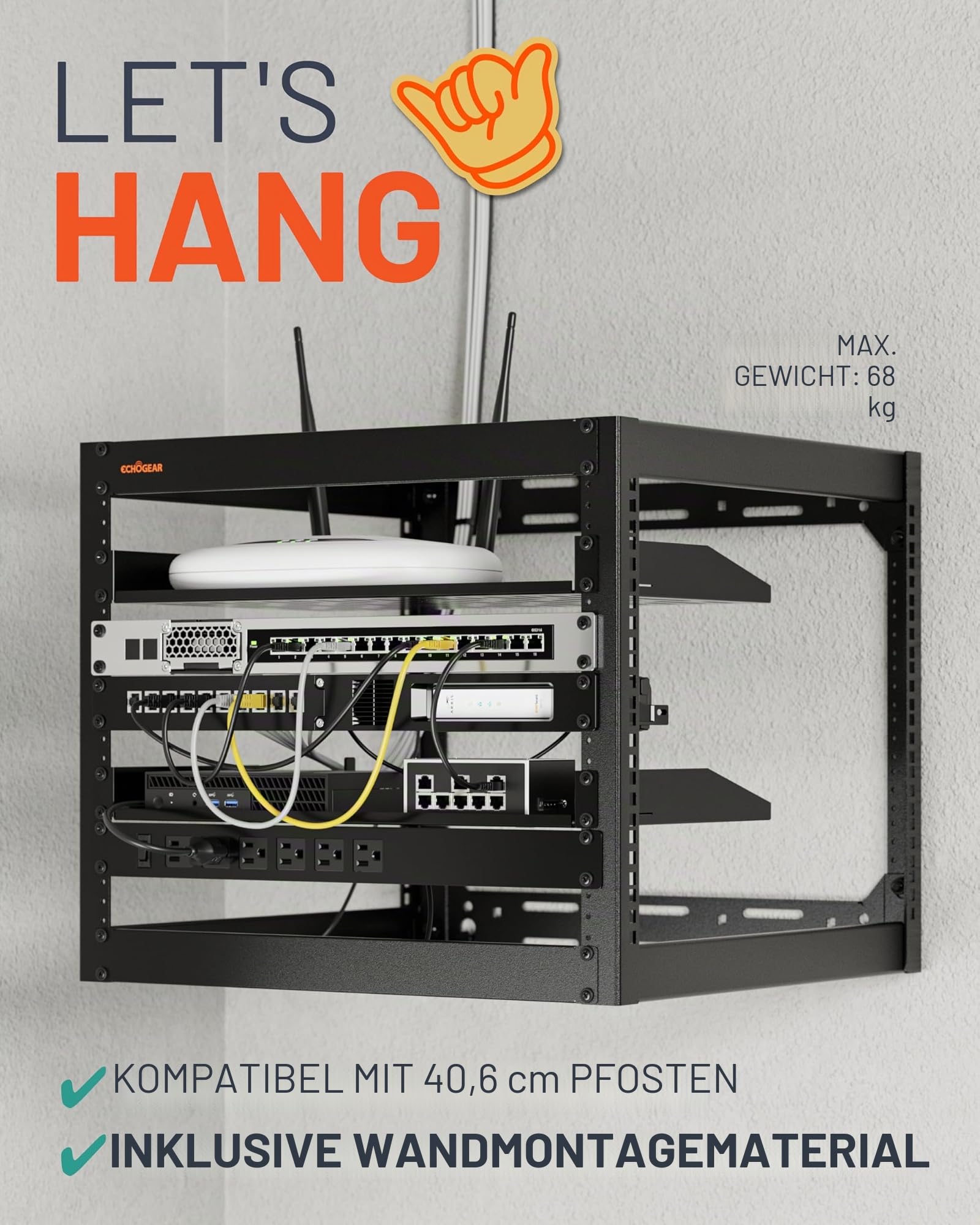 ECHOGEAR 10U Netzwerk-Rack, Wandmontage, Robustes 4-Pfosten-Design für alle Ihre Netzwerk- und AV-Geräte, offenes Rahmen-Design, inklusive 2 belüfteten 1U-Regalen und Montagezubehör