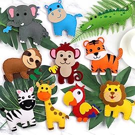 CiyvoLyeen Kids Sewing Kit Crafts - Safari Jungle Animal DIY Felt Crafts for Boys & Girls Art & Craft Set Learn to Sew Toy Animals Gift for Ages 7-12, 10 Cute Projects