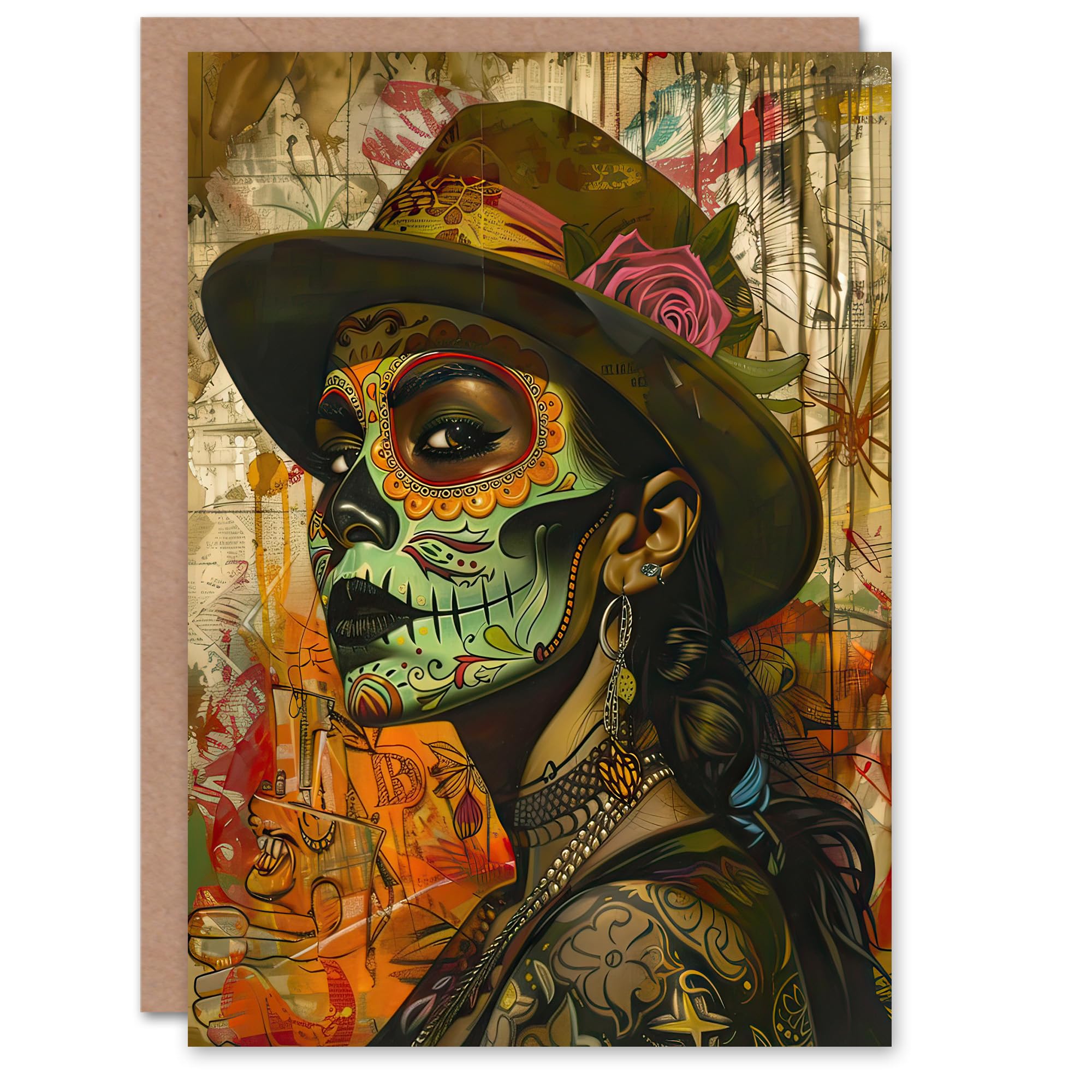 Artery8 Greeting Card Mexican Day of the Dead Portrait Street Art Tattoos Blank For Him Or Her Art Birthday Card