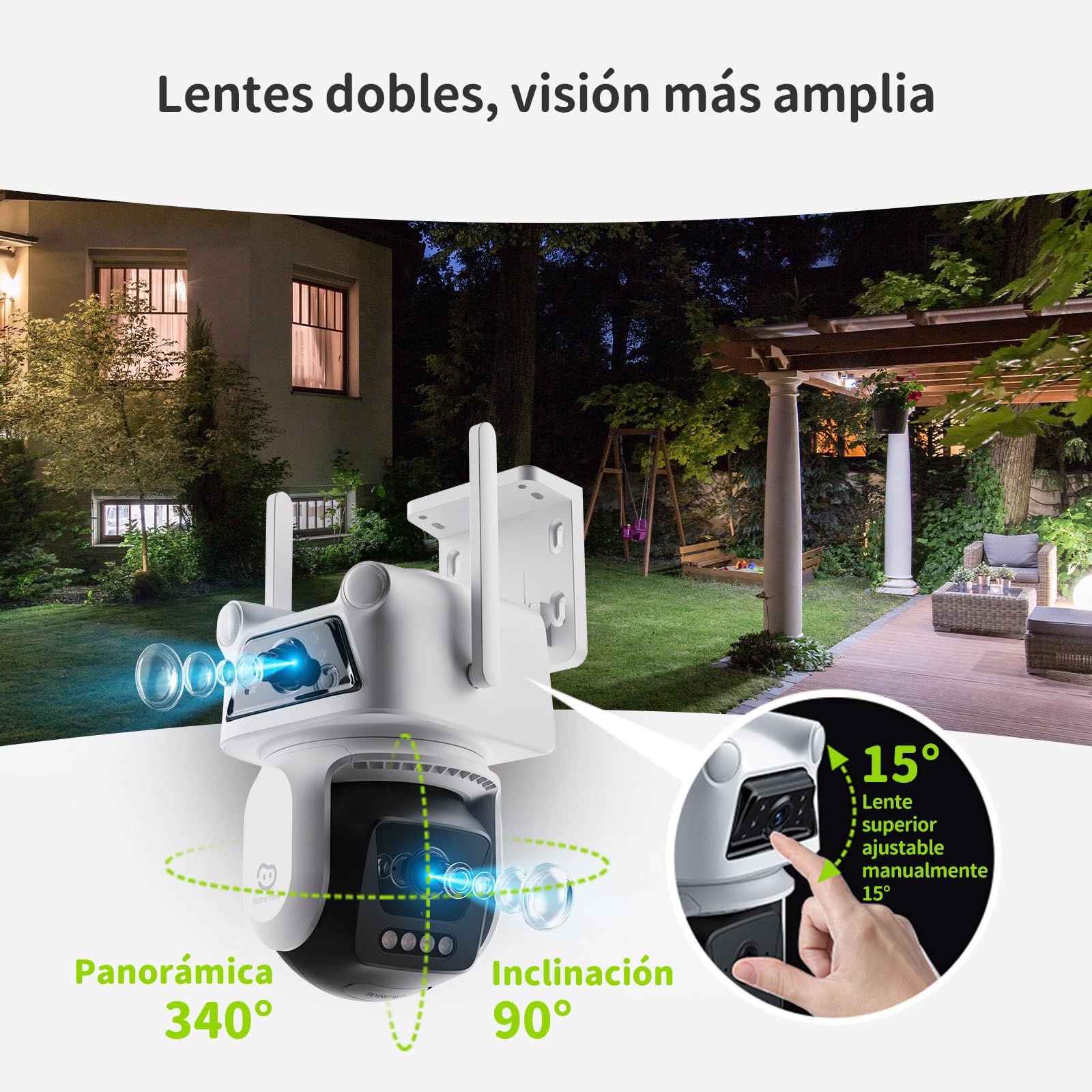 Beans View 3K+3K (5MP+5MP) Cámara Vigilancia Exterior de Doble Lente, 2,4 GHz Wi-Fi, Seguridad de 360°, Seguimiento Auto, Detección IA de Personas/Vehículos, Visión Nocturna en Color (D320)