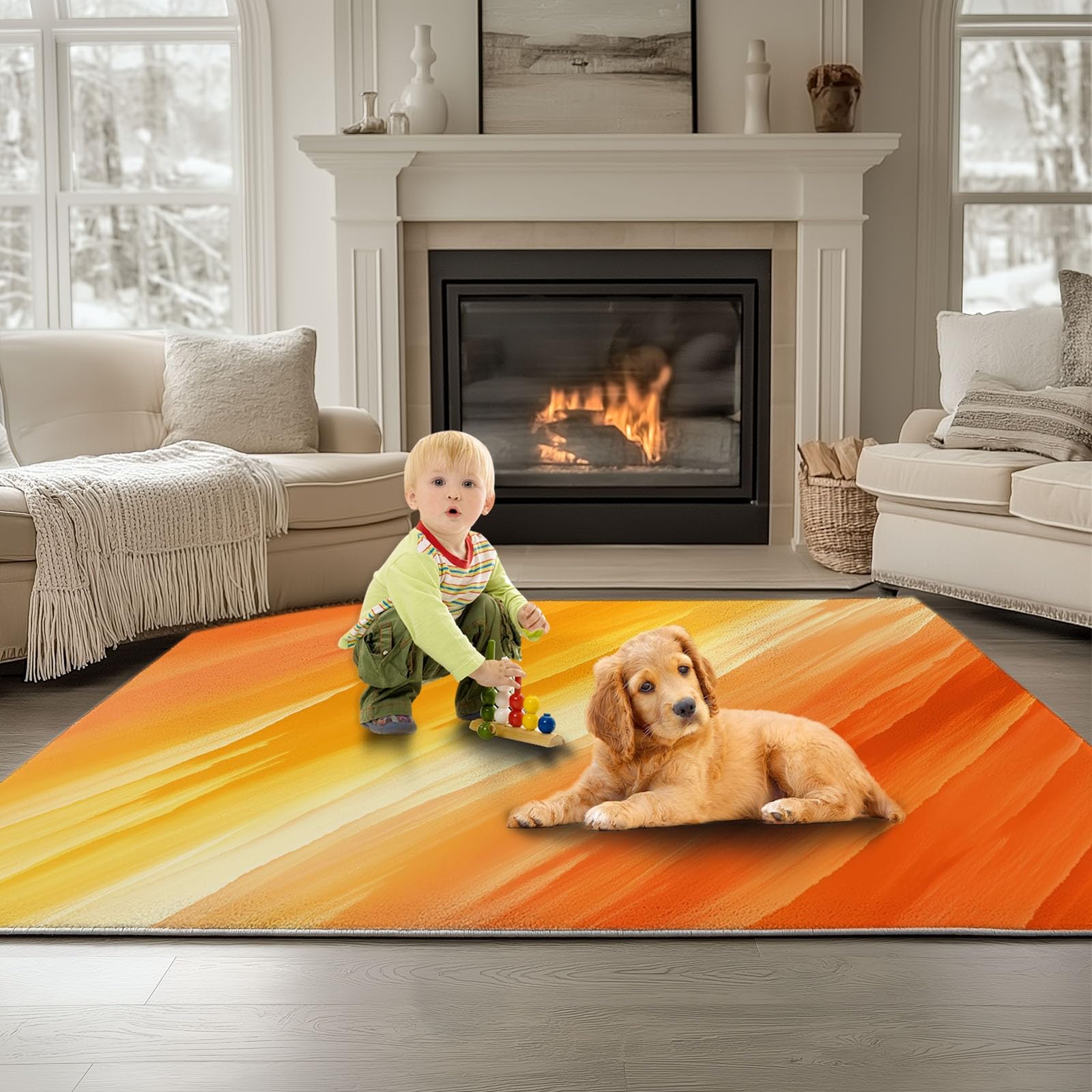 Impressionistisch Linienstruktur Waschbar Teppich Wohnzimmer 180x240 cm Küche Teppich mit Rutschhemmender Gummirückseite, Weich Kurzflor Gelb Teppiche für Schlafzimmer Kinderzimmer Esszimmer Matte