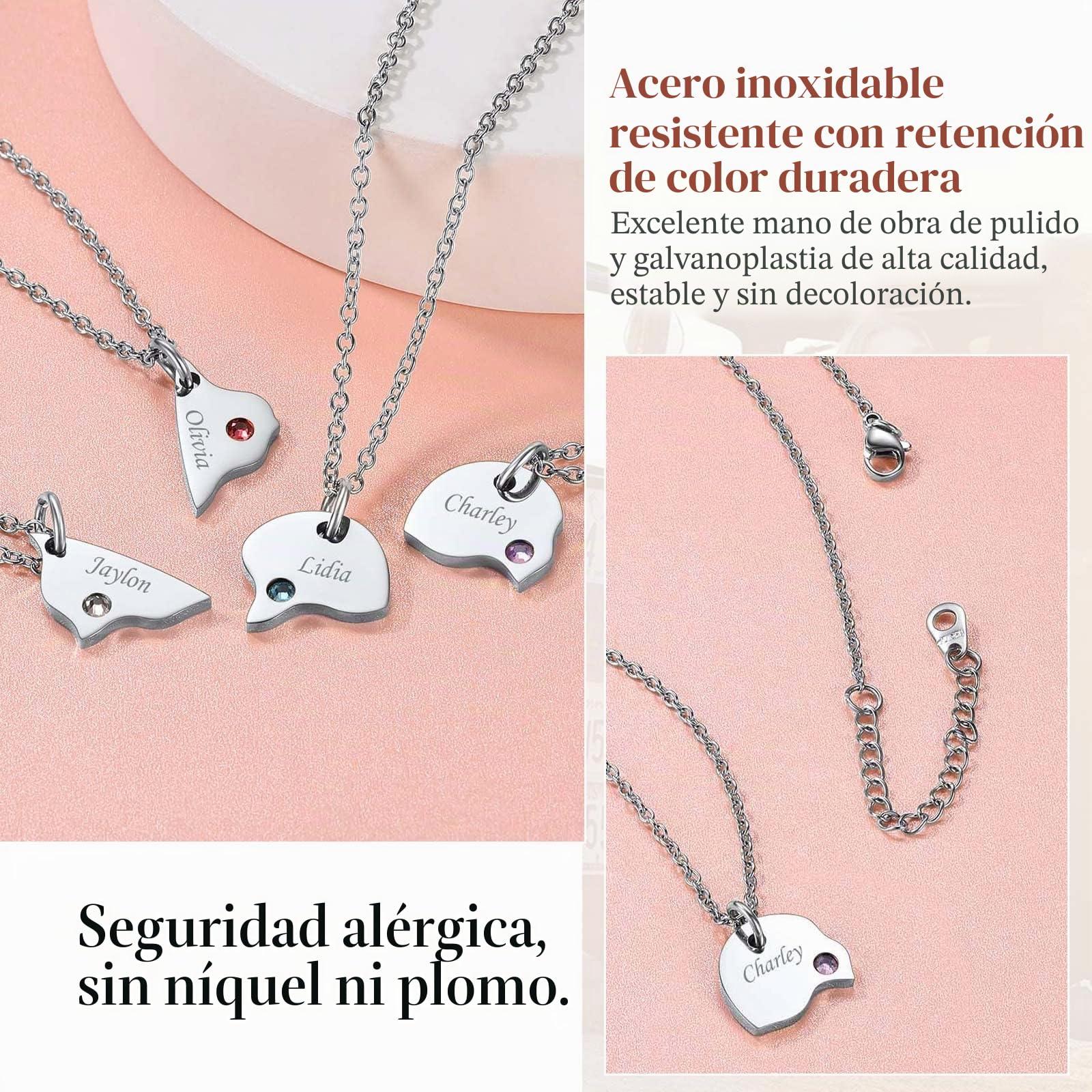 FindChic Collar Corazón Rompecabezas 2/3/4/5/6 Pcs Colgante Personalizado con Piedras Nacimiento Acero Inoxidable Cadena 45cm+5cm