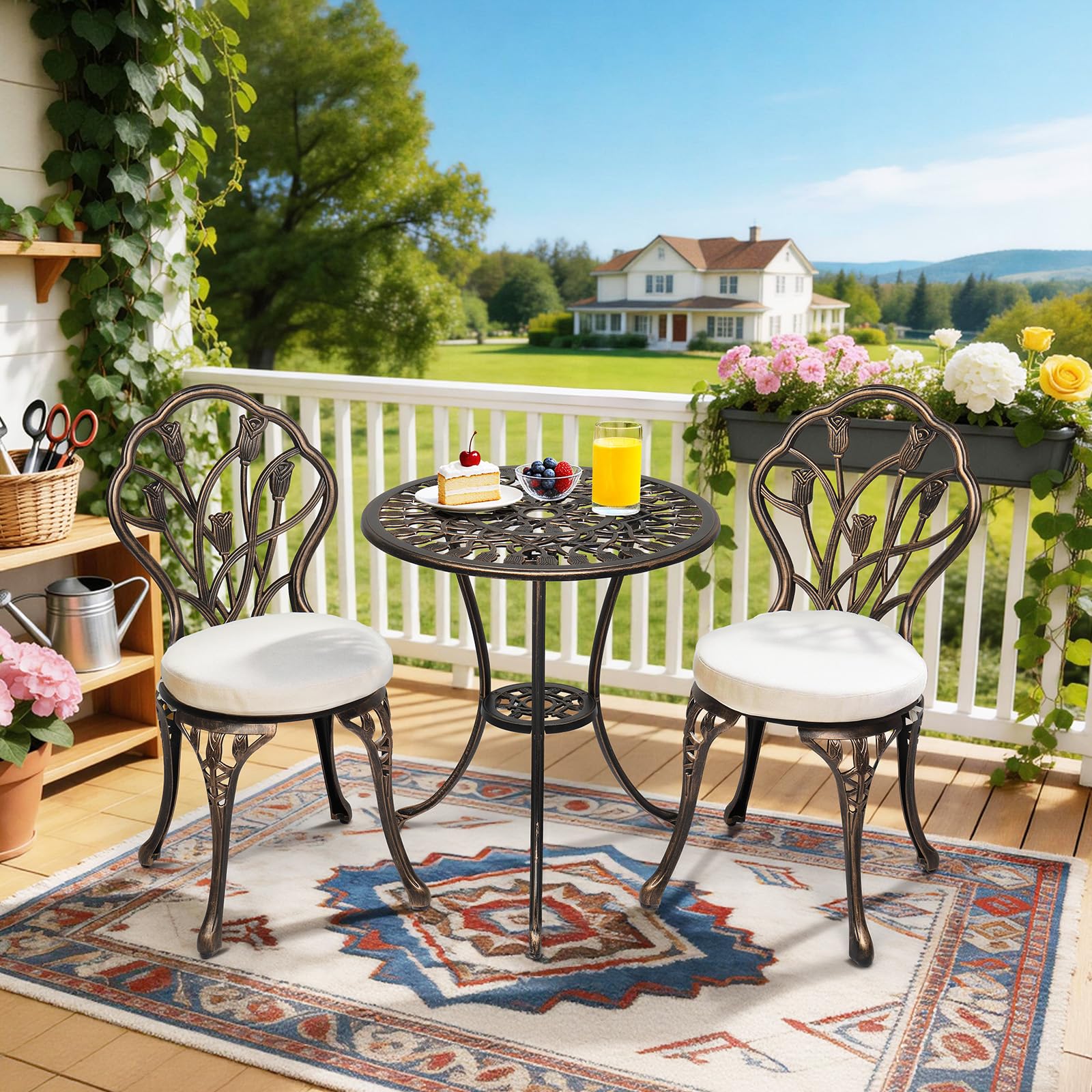 Bonnlo Set Bistrot in Lega di Alluminio, Set Tavolo e 2 Sedie da Giardino con 2 Cuscini in Spugna, Piedini Regolabili e Foro per Ombrellone, Tavolino e Sedie per Patio, Esterno e Balcone