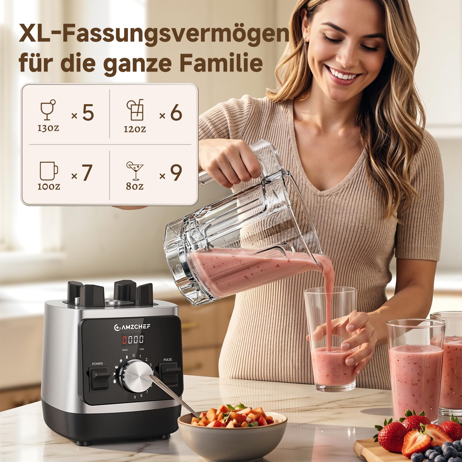 AMZCHEF Hochleistungs-Standmixer 1800 Watt, 2 L Tritan-Behälter (BPA-FREI) | Mixer für Smoothies, Hacken von Gemüse & Mixen von Frozen Drinks, 5 Automatikprogramme, 9 Geschwindigkeiten & Pulse-Funktion