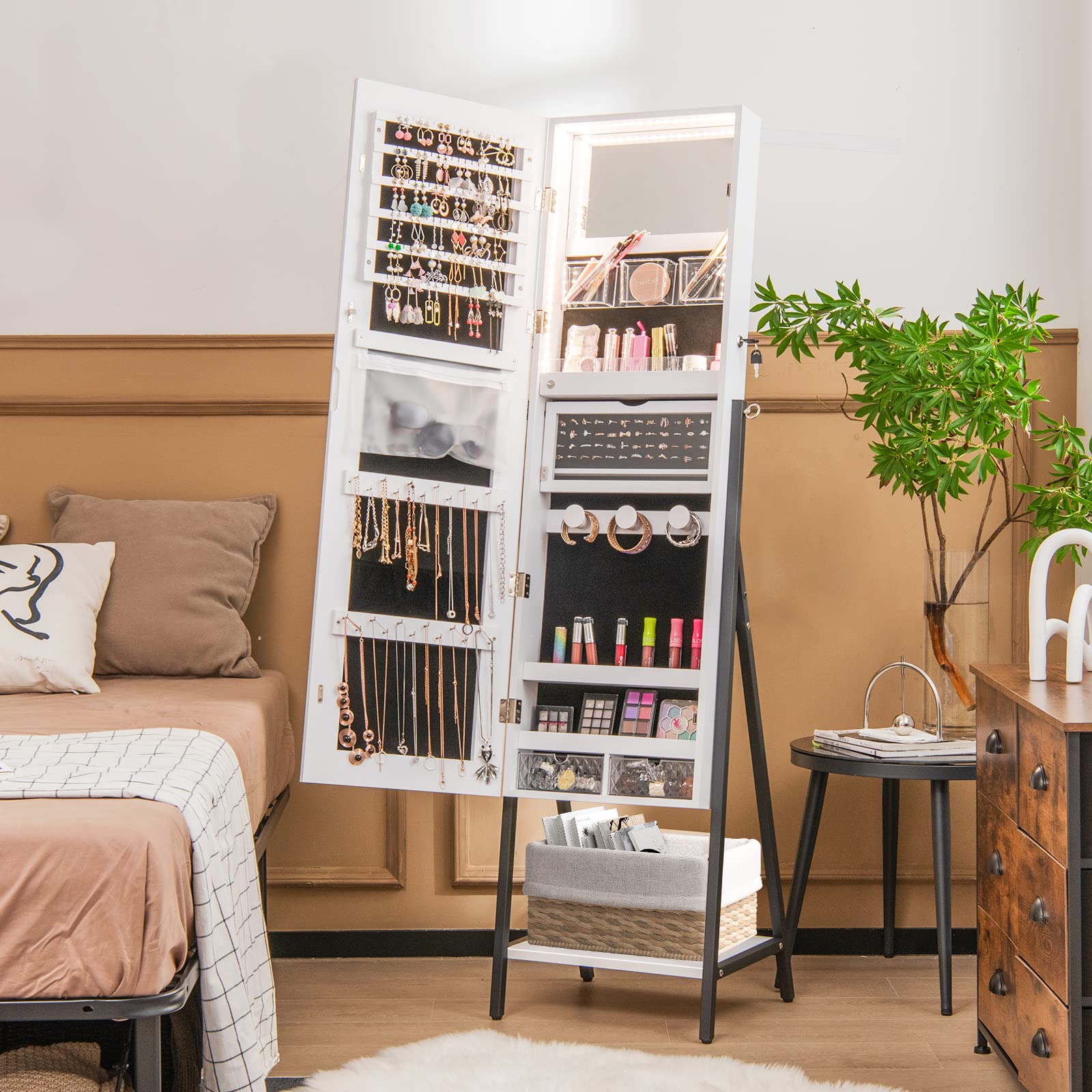 COSTWAY Armoire à Bijoux LED, Armoire de Rangement sur Pieds Verrouillable, Miroir Pleine Longueur HD, Lumières LED 3 Couleurs, Miroir Intérieur, pour Boucles d'Oreilles, Bagues, Colliers (Blanc)