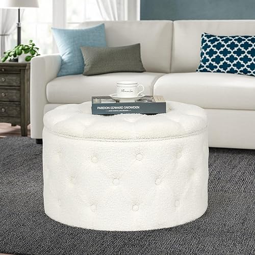 Miniatura 59 de Joveco Otomana redonda de almacenamiento, otomana tapizada con botones y parte superior extraíble, banco de almacenamiento, mesa auxiliar, Negro,