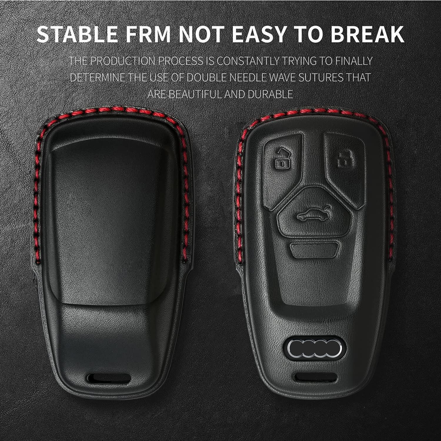 Tukellen for Audi Key Fob Cover Genuine Leather with Keychain,Leather Key Case Protector Compatible Audi A4 Q7 Q5 TT A3 A6 SQ5 R8 S5 Smart Key-Black (Red Line)