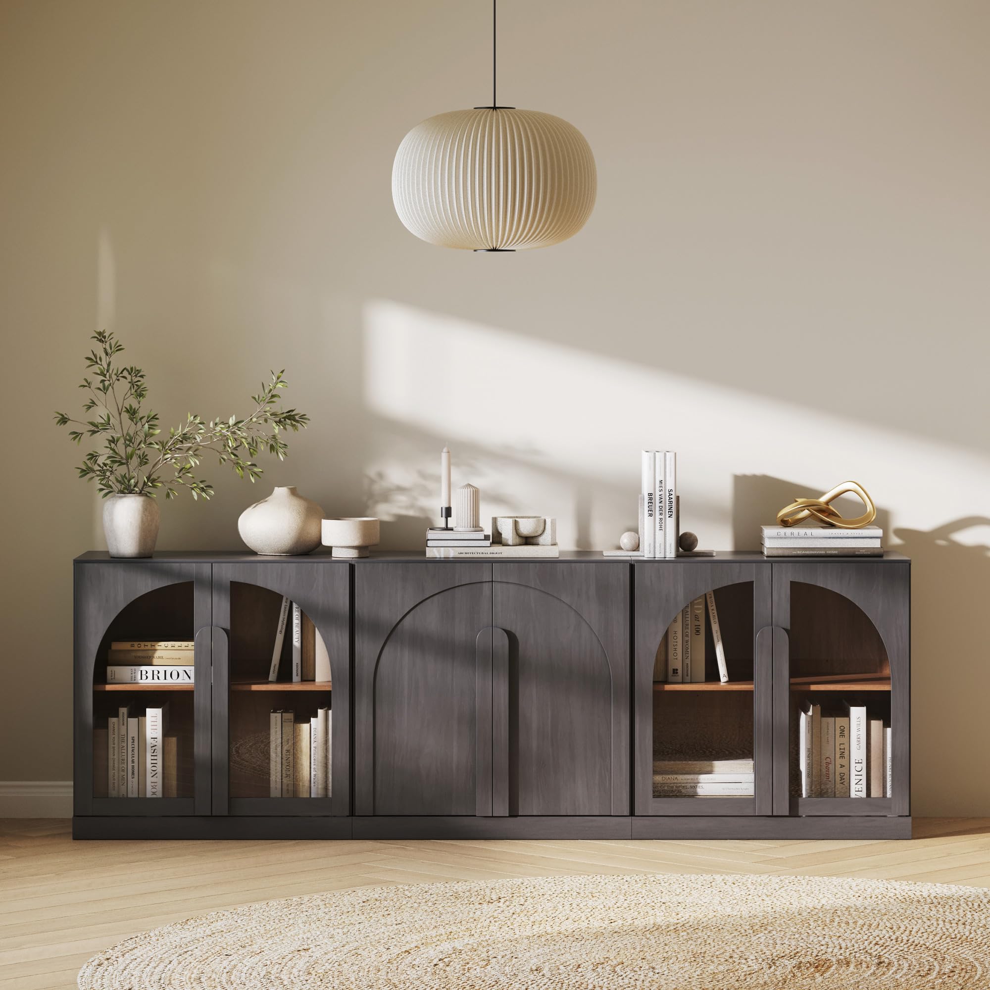 BELLEZE Modular Cabinet 3-Piece Set Sideboard, Modern Wood Buffet Arched Cabinet and 2 Display Glass Door Storage, Freely Configurable Credenza