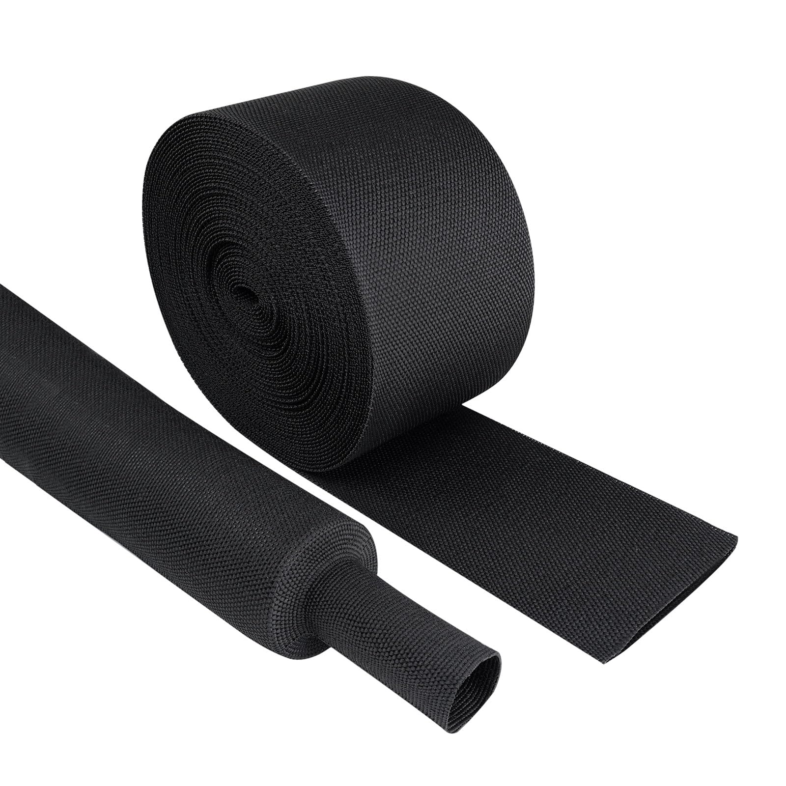 Black 2:1 Ratio Automotive Heat Shrink Braided Sleeving,Wear-Resistant Flat Woven Shrinkable Sleeve Fabric Car Cable Wires Hoses Protection (2''-8ft)