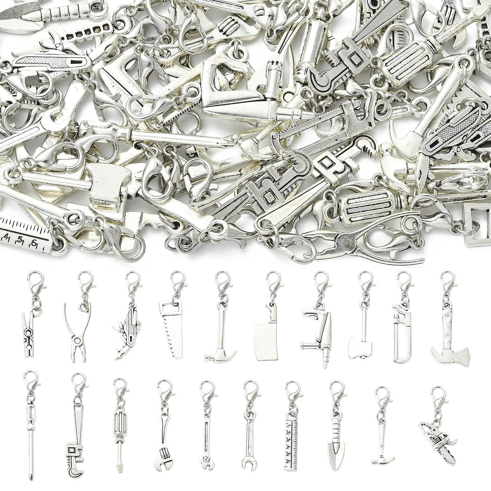 DanLingJewelry 60Pcs Antique Silver Tool Charms Tibetan Hammer Saw Pliers Screwdriver Charms with Lobster Claw Clasps for Backpack Keychain Decor Jewellery Making Supplies