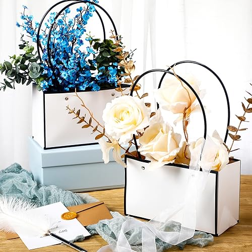 Miniatura 2 de Teling 12 bolsas de regalo de flores de papel de estraza para ramo de San Valentín, bolsas de papel con asa, impermeables, vacías para flores,