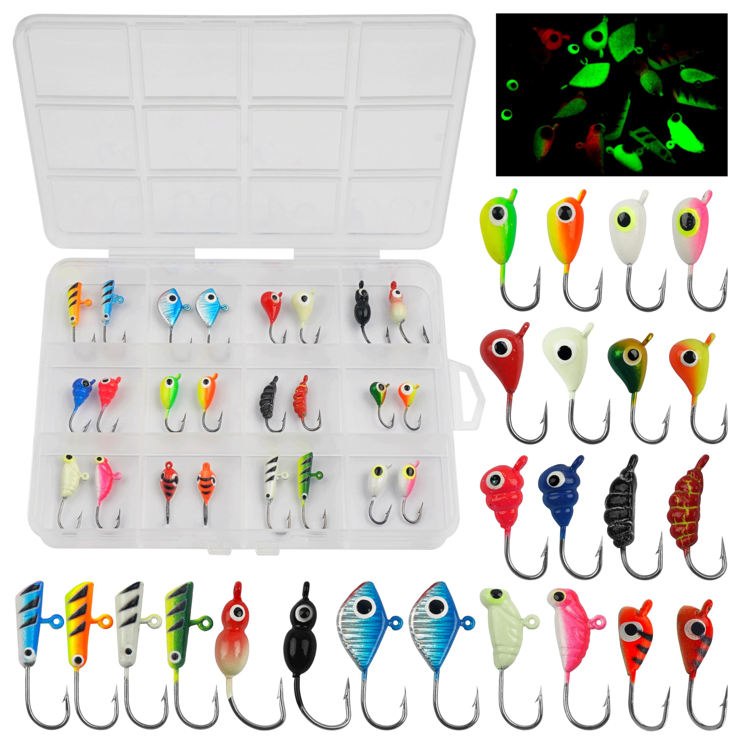 24/36PCS Ice Fishing Jigs Set Ice Fishing Lures Glow in The Dark Fish Lures Micro Jig Head Hooks with Tackle Box