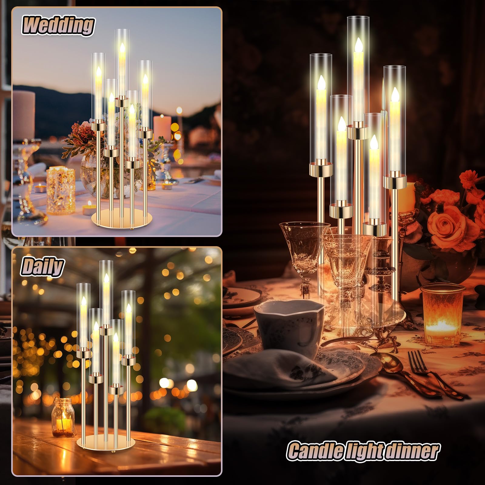 Tandefio 8 Set 5 Arm Gold Candelabra Table Centerpiece with LED Candle 26.8? Tall Acrylic Candle Holder with Lampshades Fit 0.8 for Wedding, Church Ceremony, Anniversary, Birthday, Dinner, Party