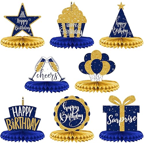 Spakon 8 Pieces Birthday Centerpiece Table Decoration, Blue and Gold Happy Birthday Honeycomb Centerpieces for Kids Baby Shower, Men and Woman Birthday Party Supplies