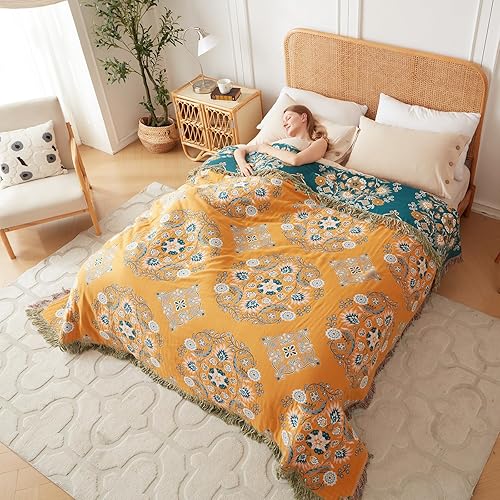 Miniatura 8 de Manta bohemia para cama, 100 % algodón, ultra suave, rústico, decoración de granja, manta de verano, 60 x 80 pulgadas, para todas las estaciones,