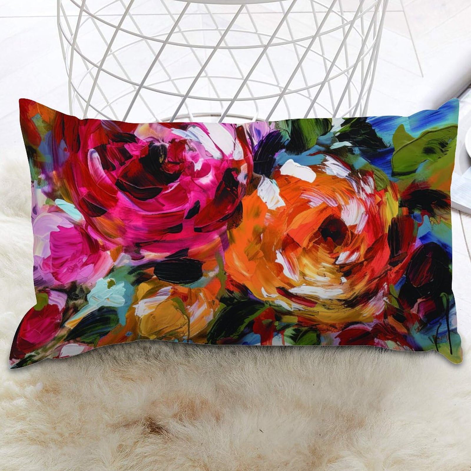 Bright Floral Pink Rose Dorm Lumbar Pillow Cases Blooms Flower Painting Cushion Cover Accent Pillowcase Modern Throw Pillow Covers Farmhouse Decorative For Sofa Couch Patio Bedroom Car 16x24 IN