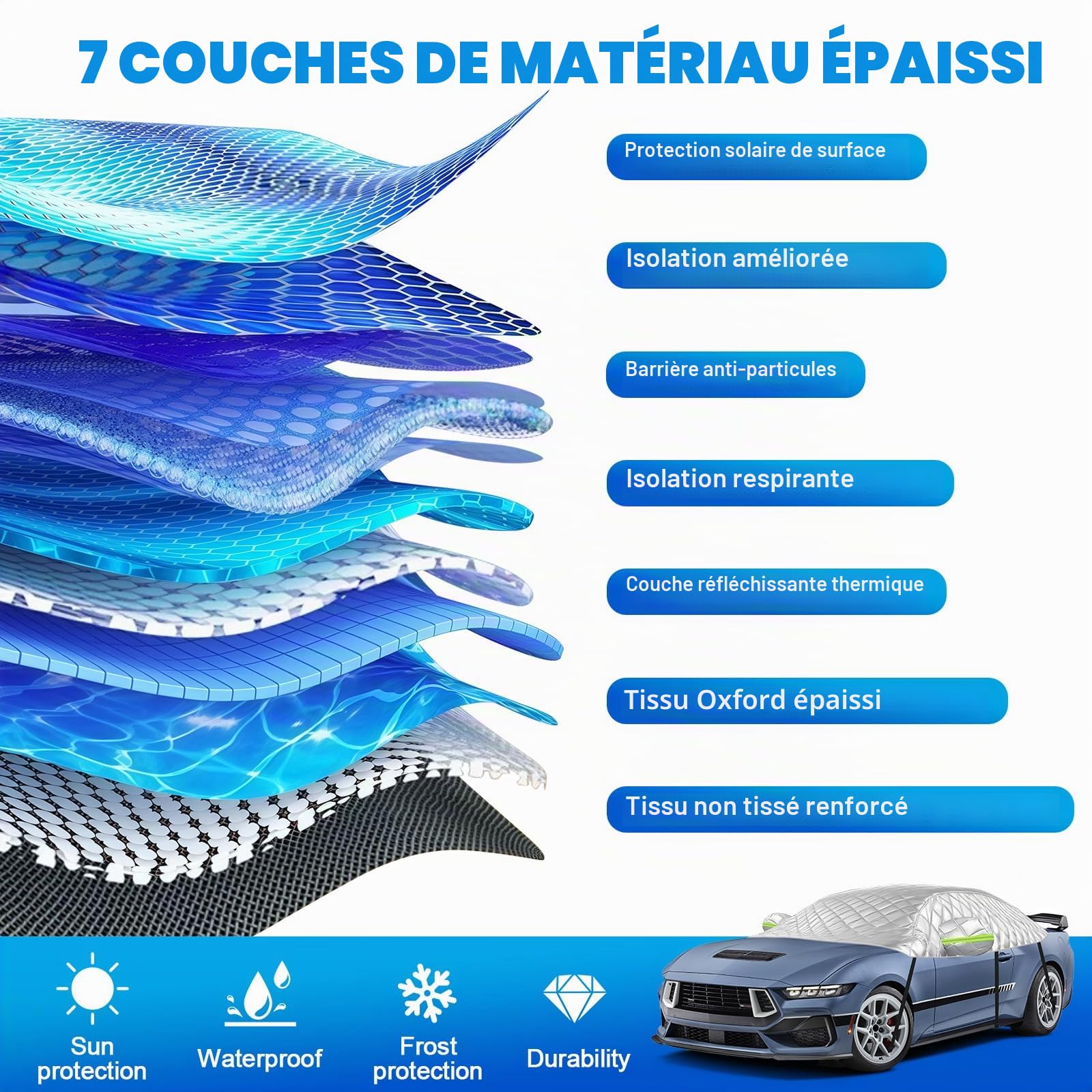 Demi-Housse de Voiture pour 2005-2023 Ford Mustang S197 S550 S650 | 6 Couches, avec Crochets, Bande Réfléchissante et Capuchons D'oreilles, Contre Neige Glace et Givre