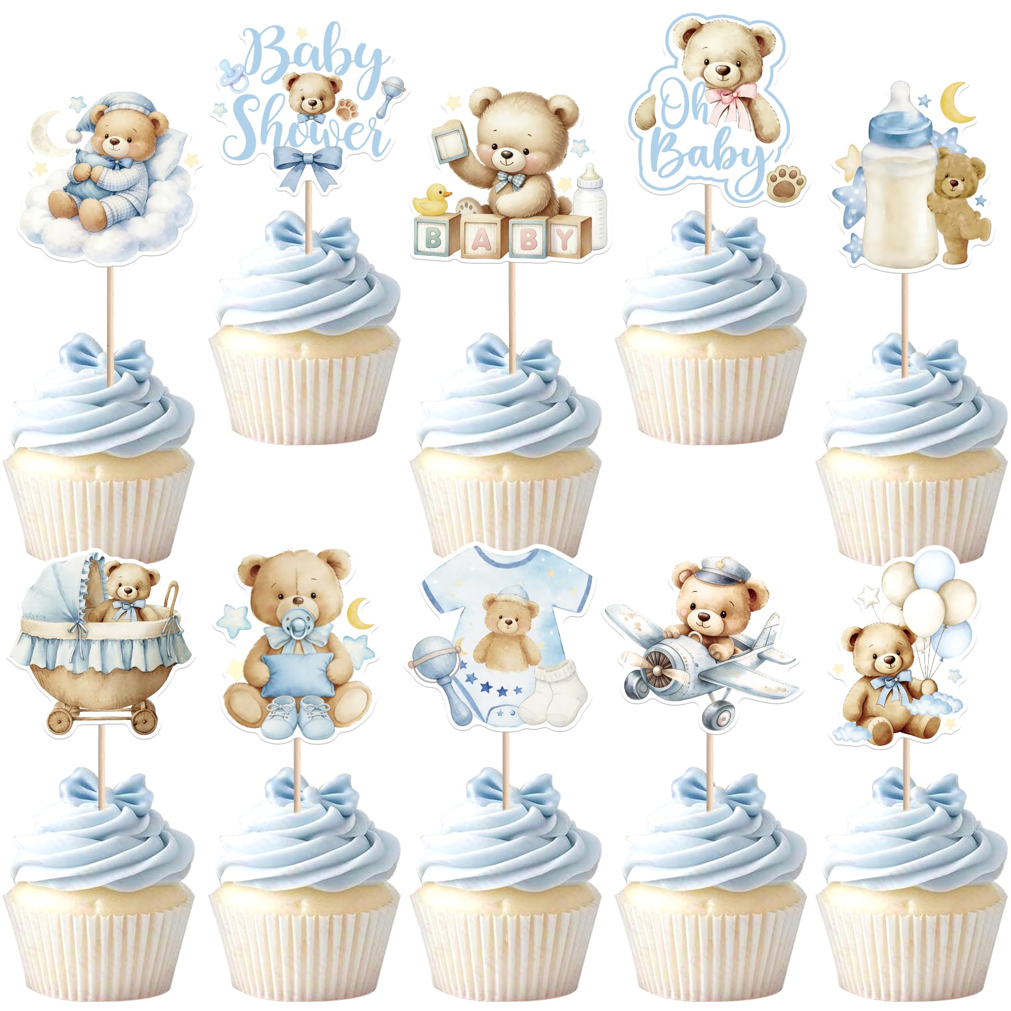 Xsstarmi 40 Pack Baby Shower Cupcake Toppers Welcome Baby Bear It's a Boy Cupcake Picks for Gender Reveal Birthday Party Cake Decorations Supplies Blue