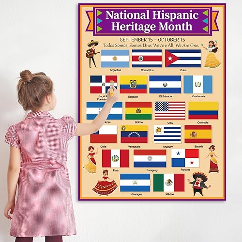 Miniatura 6 de Qyeahkj Póster del Mes de la Herencia Hispana con banderas de país hispano y nuevo tema para tablón de anuncios de aula, decoraciones educativas de