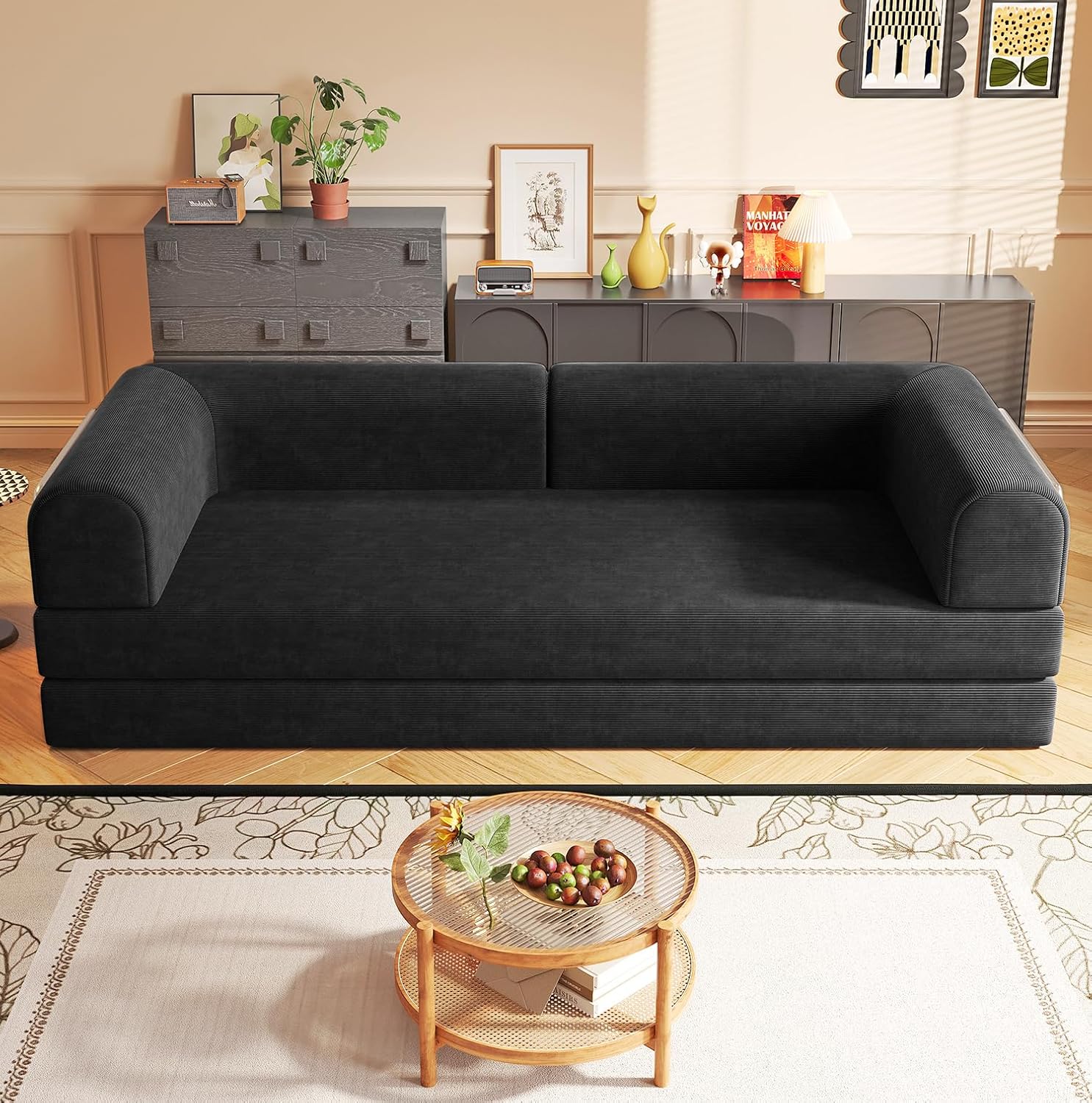 SYFERLORY Boneless Couch Convertible Sleeper Sofa Bed Futon Lounge Chair, Boneless Corduroy Loveseat with Pull Out Bed, Floor Sofa Modular Couch for Living Room Basement Movie Theater Room,Black