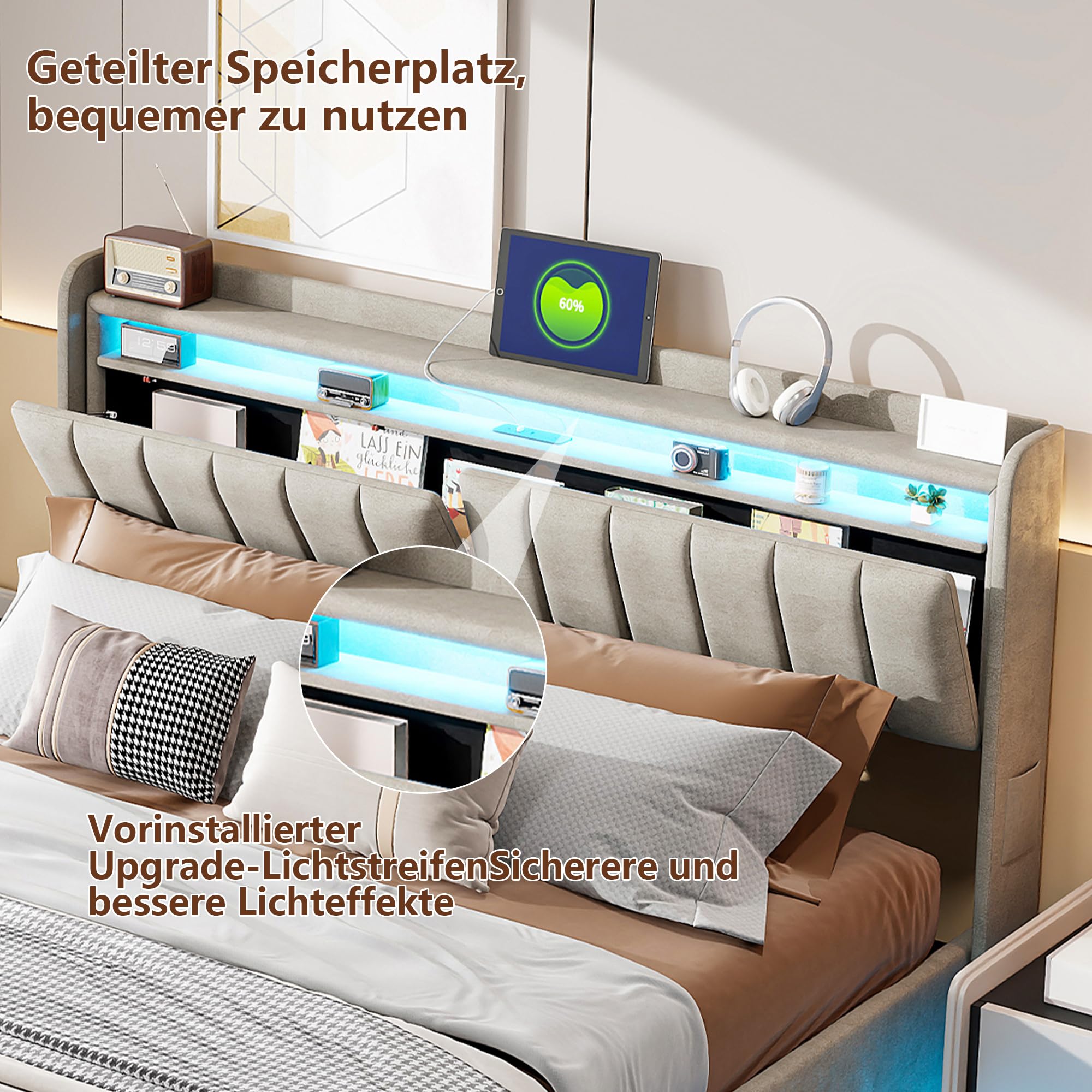 Dolamaní Gestoffeerd bed 160 x 200 cm met opbergruimte, tweepersoonsbed met functioneel hoofdeinde, opbergbedden met lattenbodem, linnen, beige-C, 160 x 200