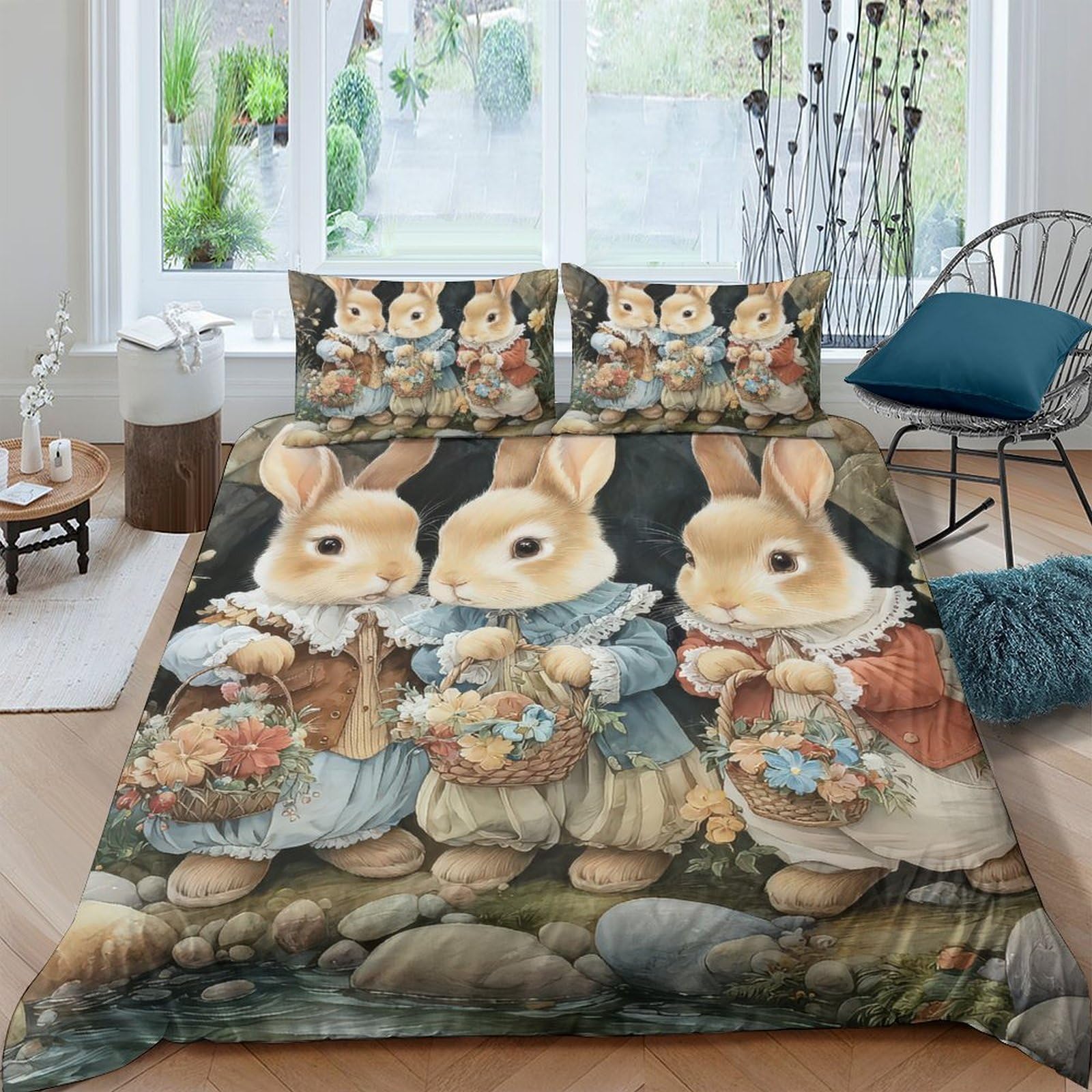 Ctjqhvkz Style-3 3D Printed Bunny Family Fitted Sheet Microfiber Soft Artistic Rabbit Bed Cover For Bedroom Dorm Mattress Decor Single（135X200cm）