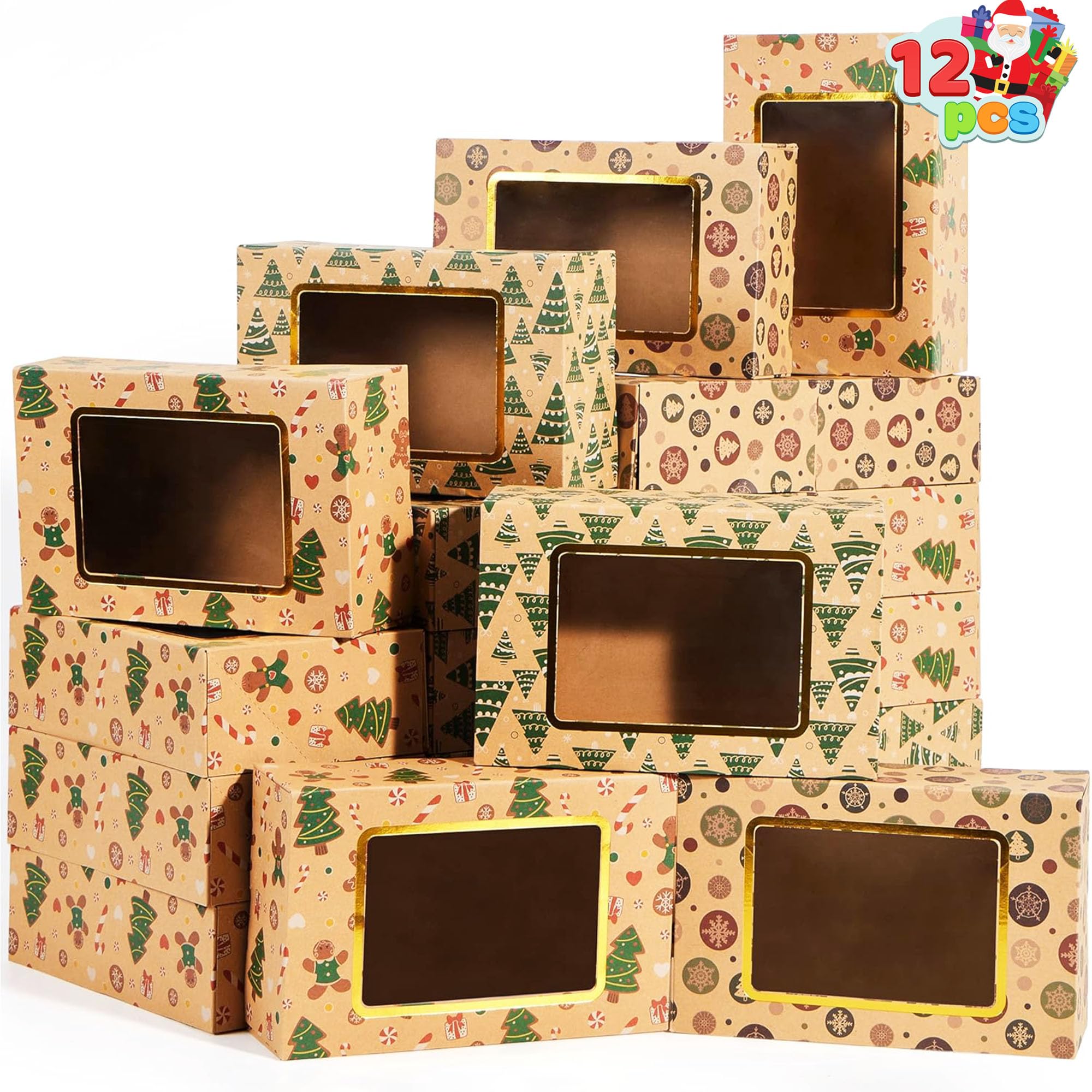 JOYIN 12 PCS Foiled Christmas Cookie Boxes with Window 8.75" x 5.75" x 2.75”, Treat Boxes with 3 designs for Doughnut and Cookie, Brown Kraft Bakery Boxes, Xmas Cookie Gift Baking Box for Pastries
