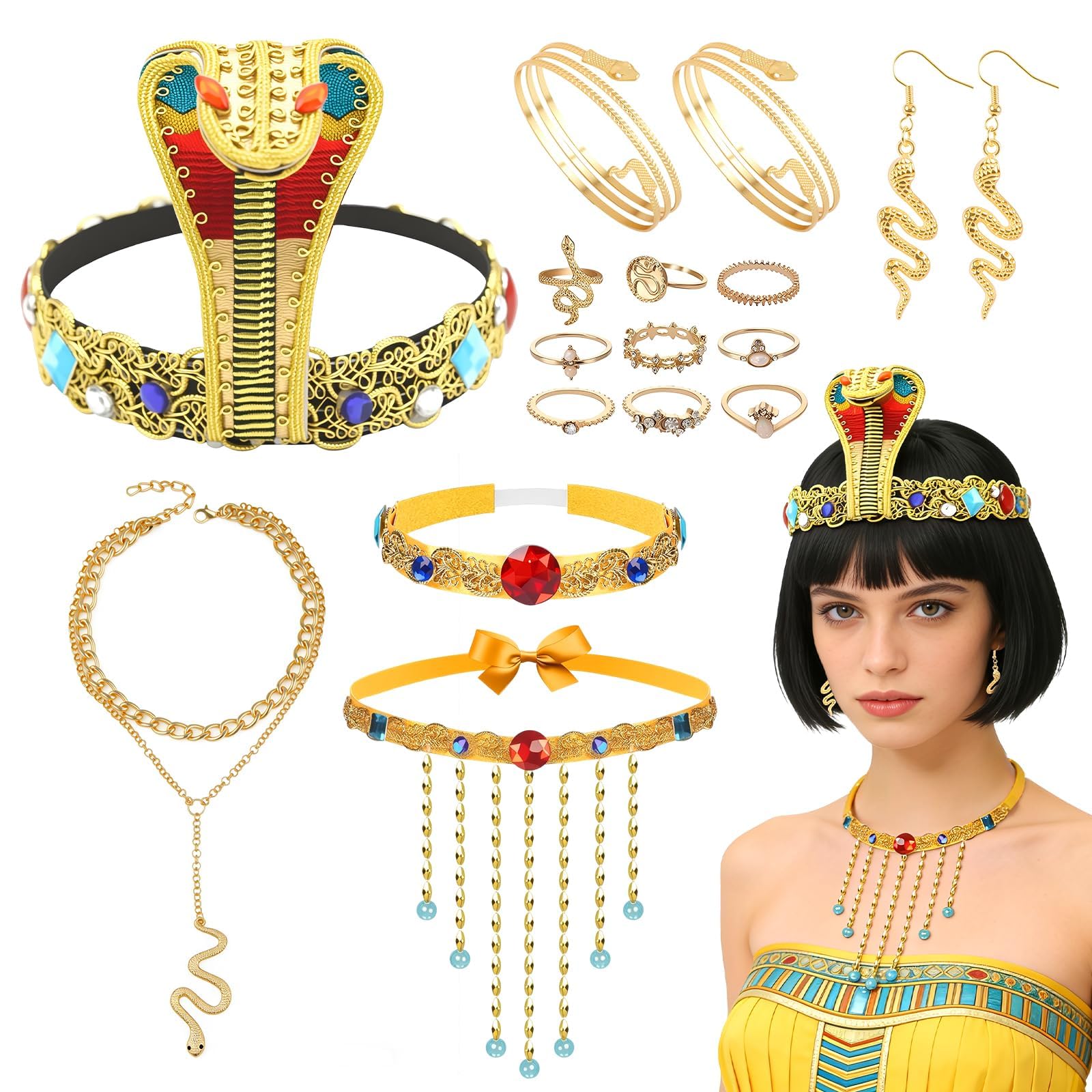 GLGHMH 17PCS Egyptian Costume Accessories,Cleopatra Snake Headband Egyptian Headpiece with Tassel Collar Necklace,Arm Cuffs, Snake Earrings,Cleopatra Jewellery Set for Halloween Cosplay Party