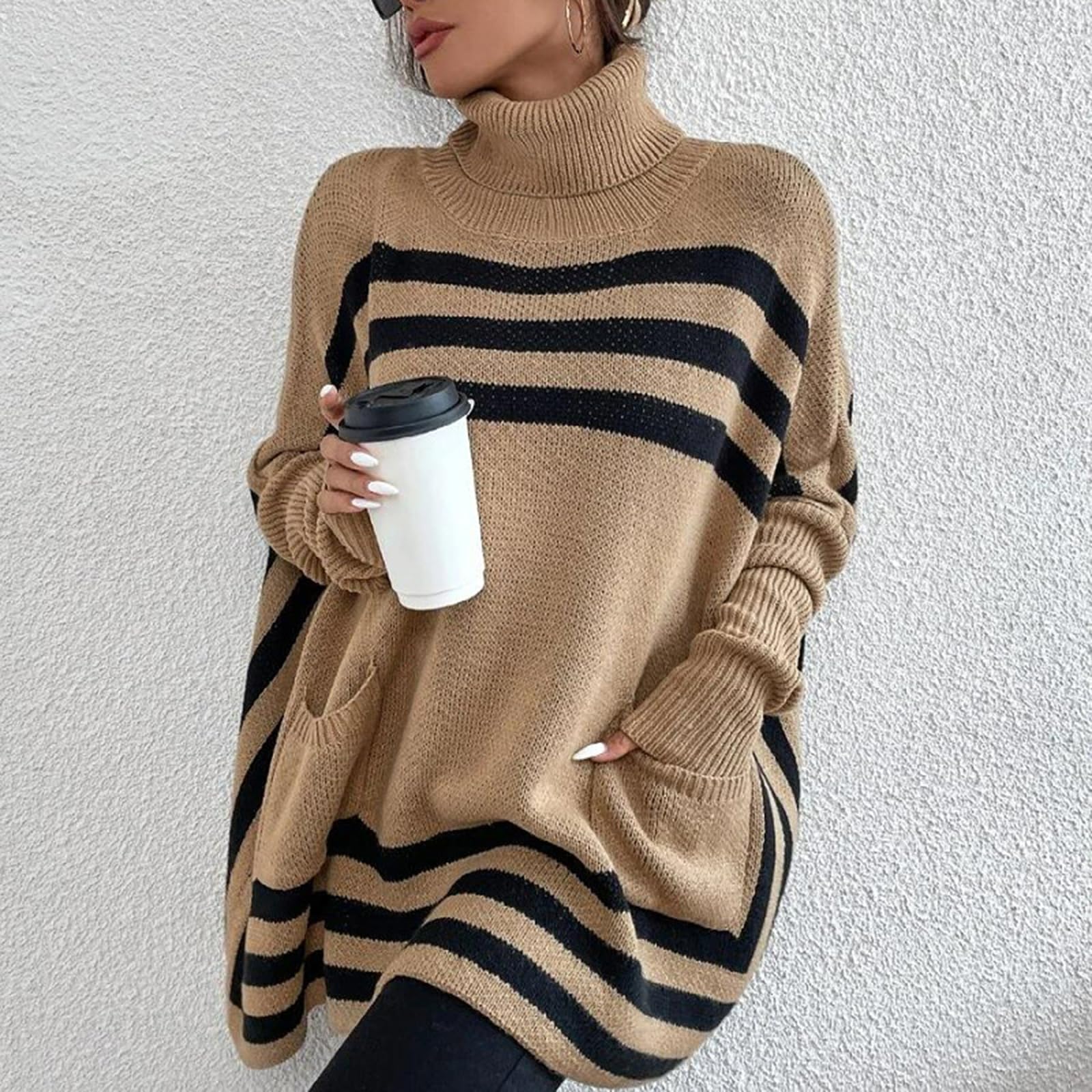 Dzianinowe Swetry Ponczo dla Kobiet Jesień Zima Pasiasty Golf Sweter Nietoperzowe RęKawy Oversize Sweter