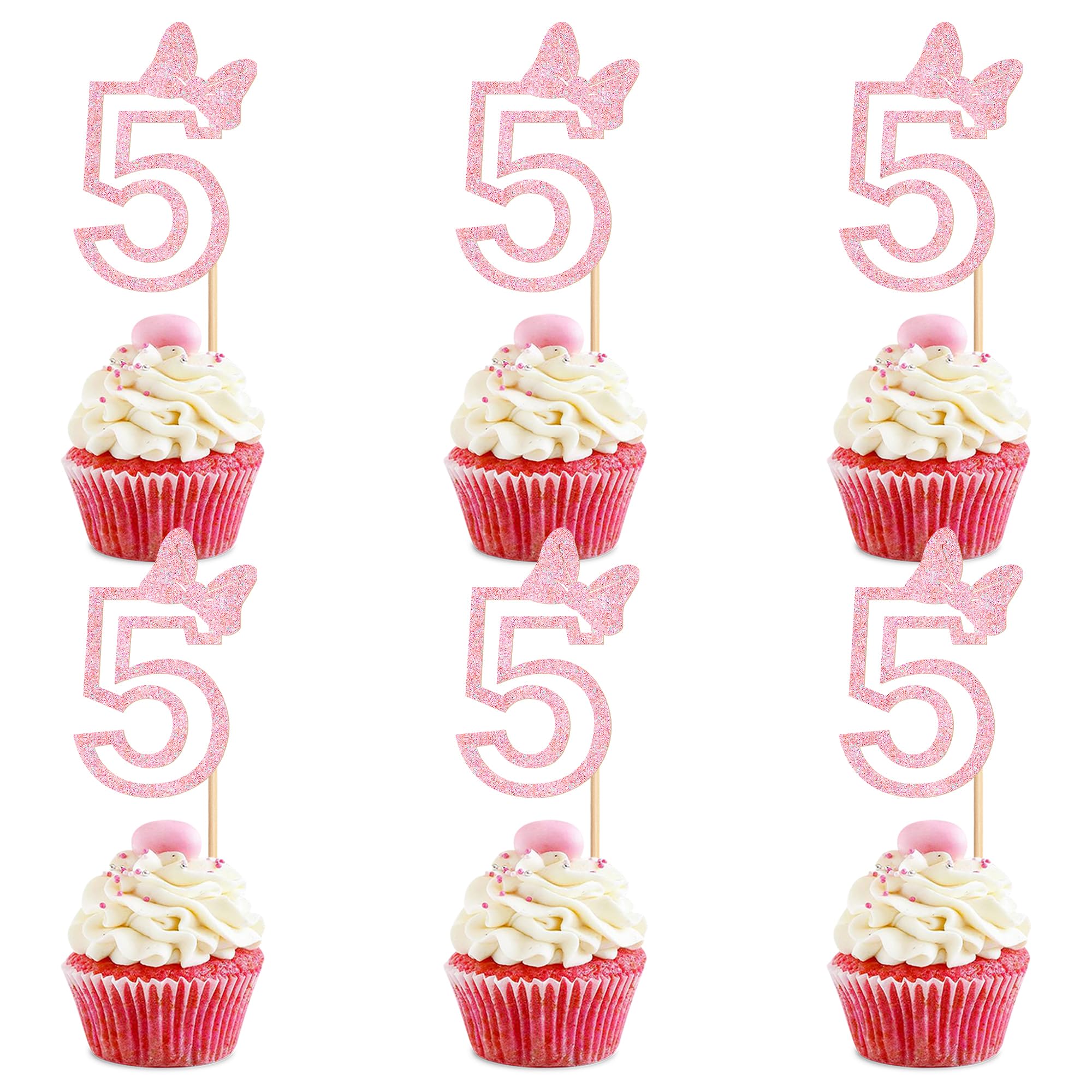 Ercadio 24Pcs Girls 5th Birthday Cupcake Toppers Glitter Pink Bow Number 5 Cupcake Picks for Pink Bow Baby Girls 5th Birthday Anniversary Cake