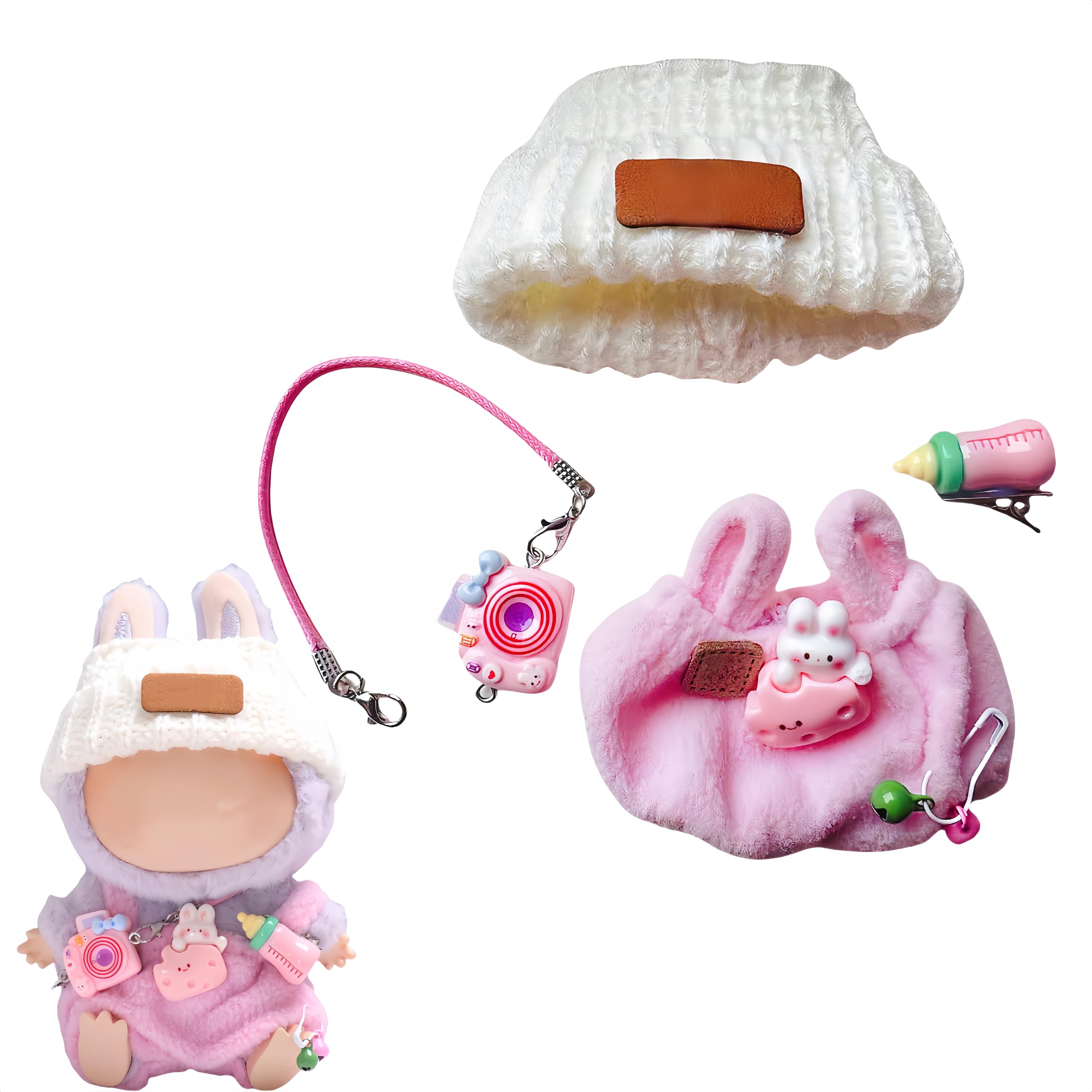 Doll Clothes Outfits for 17cm Dolls Accessories(NO Doll), Kawaii Chic Style Set for Dolls - Pink Bottle Overalls + White Bear Wool Hat + Pink Camera (Pink A)