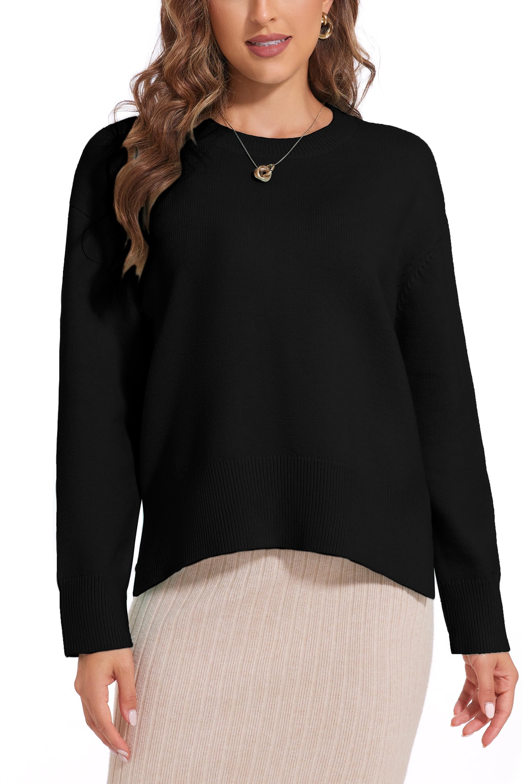 Womens Crewneck Long Sleeve Sweaters Fall Winter Loose Casual Ribbed Knit Side Slit Pullover Tops