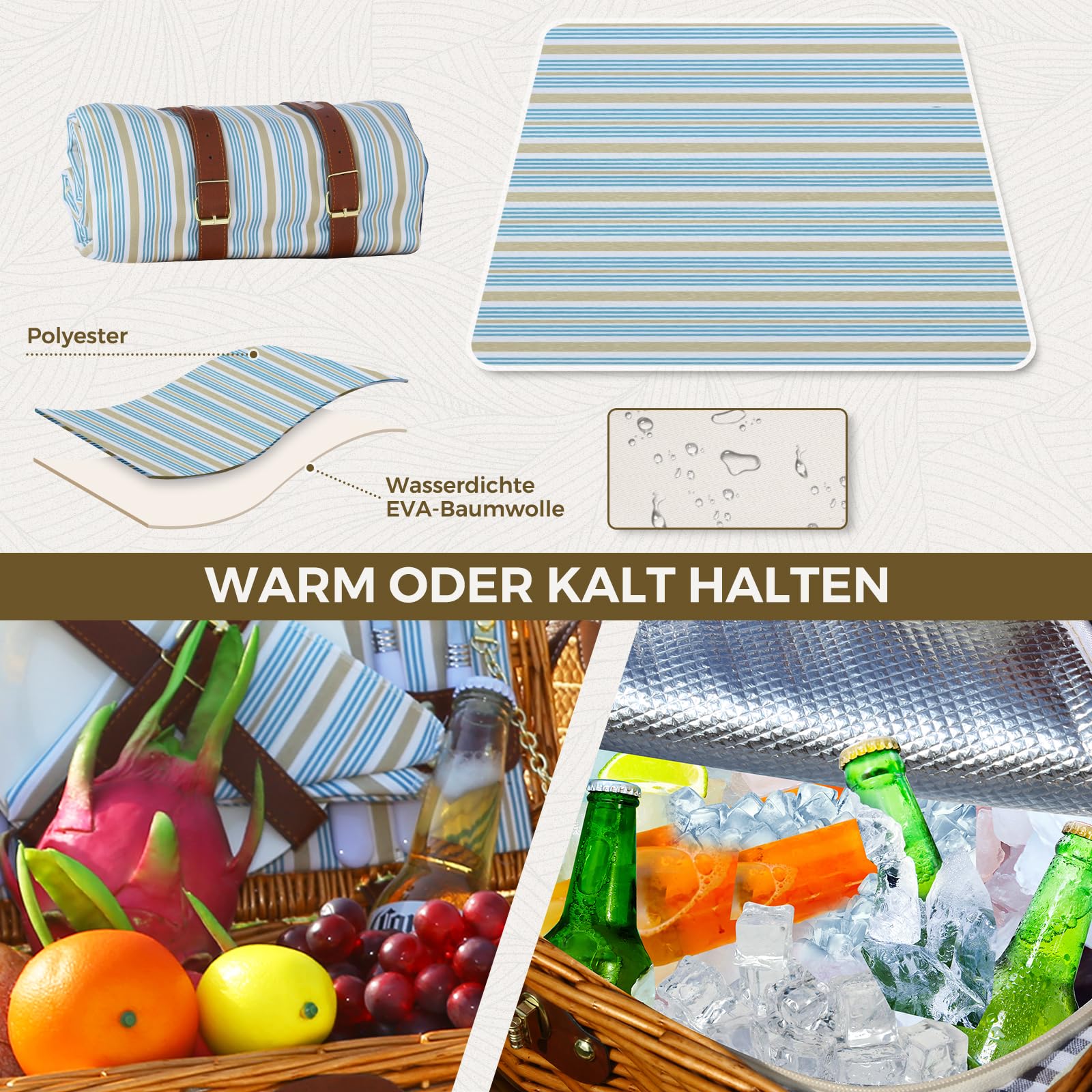 Picknickkorb Set für 2 Person mit Kühlfach und wasserdichte Picknickdecke, Abnehmbarer Riemen, Weinbeutel, Besteck Set, für Camping, Strand, Wandern, BBQ und Familie/Paare Geschenke, Zubehör