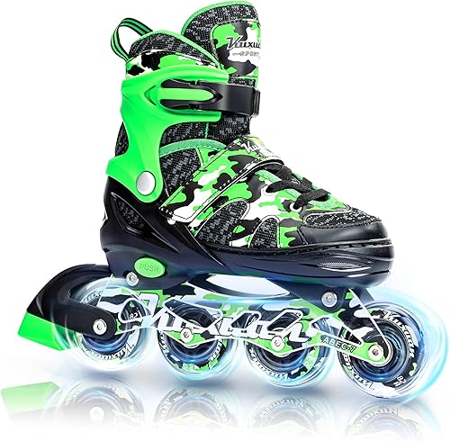 Kuxuan Skates Patines en línea ajustables para niños y jóvenes con ruedas de luz completa, camuflado, diversión al aire libre, patines iluminadores