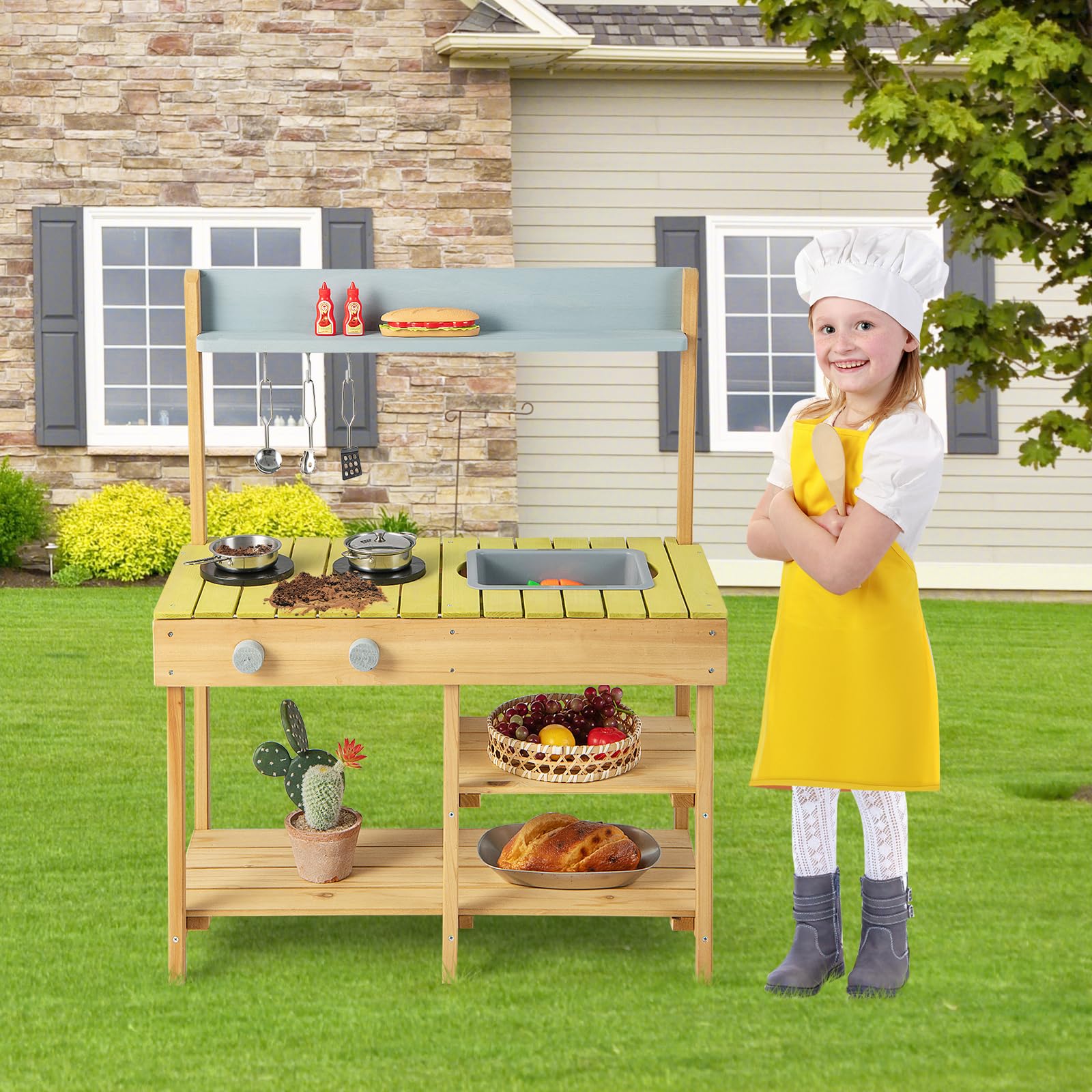 DREAMADE Matschküche für Kinder, Spielküche Outdoor mit 2 Herdplatten, abnehmbarem Spülbecken, Regalen & Haken, kreatives Küchenspielzeug für Kinder ab 3 Jahren, für Hof, Garten