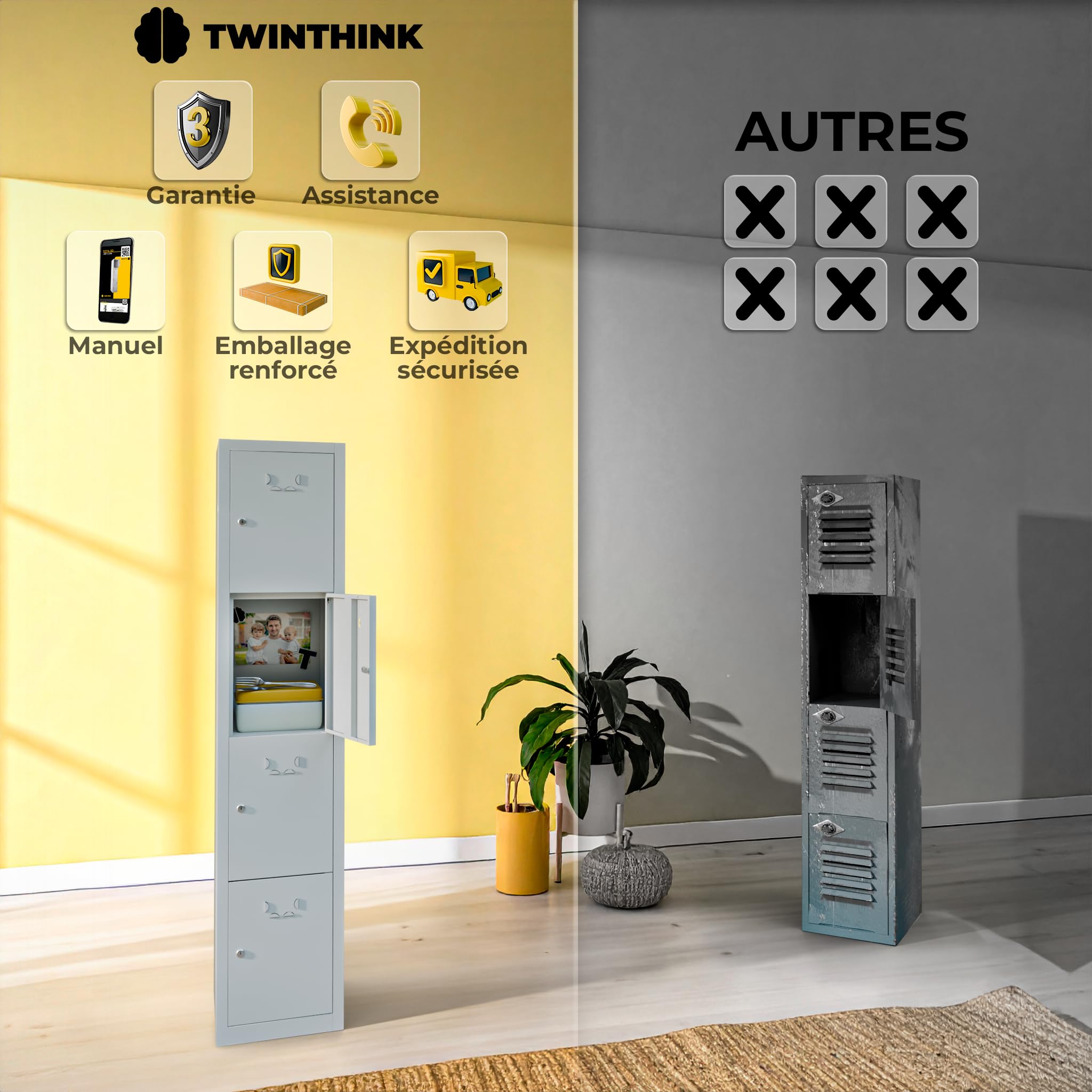 Vestiaire Metallique à 4 Portes Casier Vestiaire Metallique pour Votre Atelier ou Votre Bureau Casier avec Serrure pour Le Rangement de vêtements ou de Produits de Nettoyage (Gray)