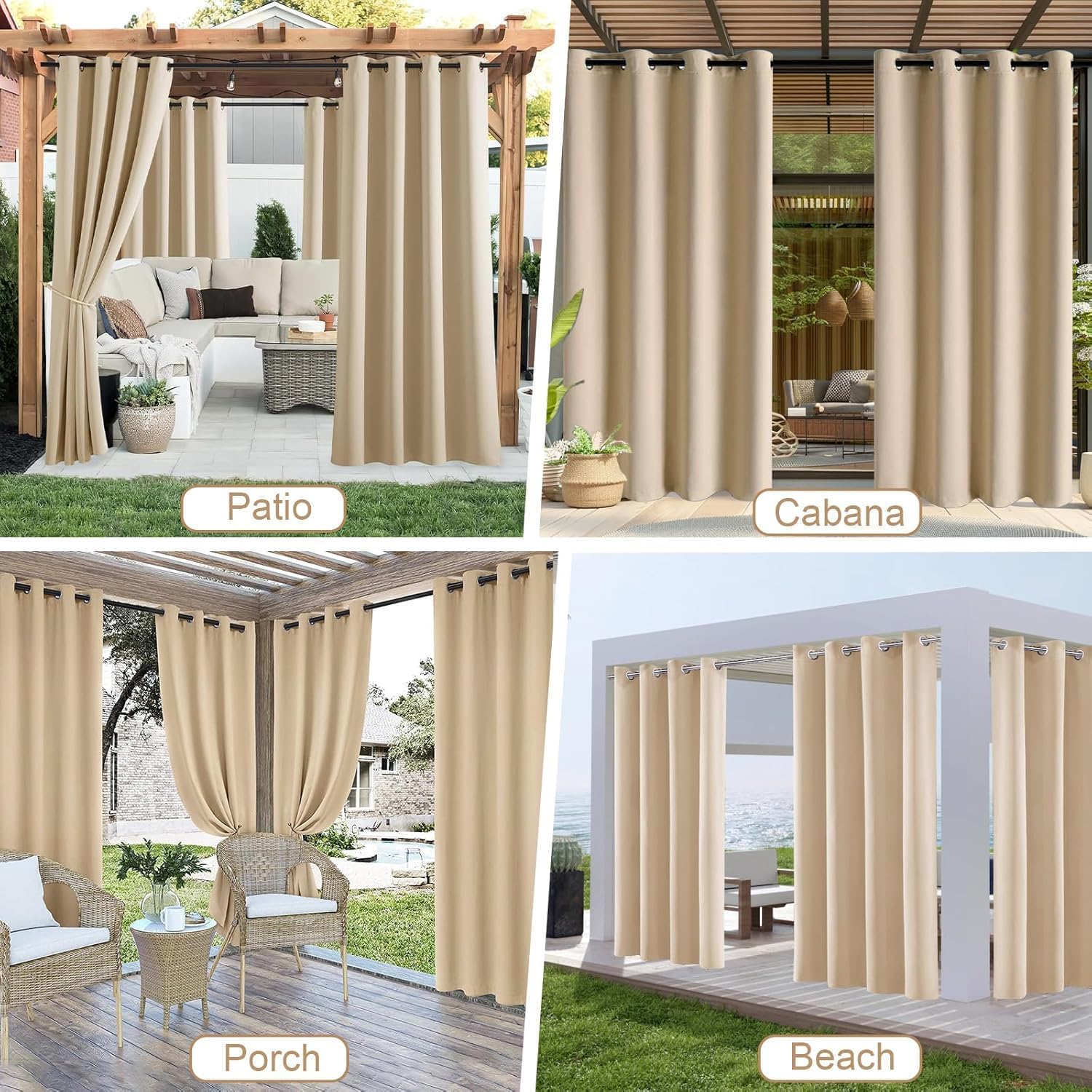X2 Terrassenvorhänge Außenbereich Wasserdicht Beige 213x132cm. 2 Außenvorhänge für Lauben, Veranden und Terrassen - Elegantes und widerstandsfähiges Design zum Schutz Ihres Außenbereichs (2)