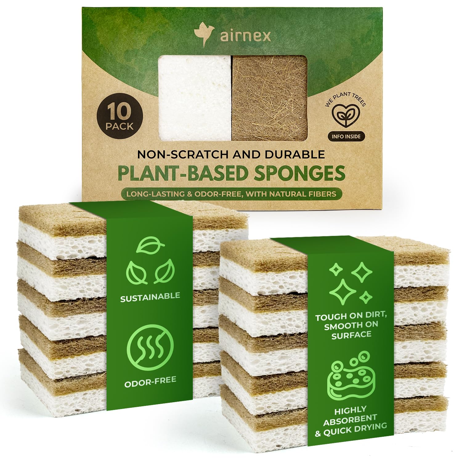 10 Pack Biodegradable Natural Kitchen Sponge - Compostable Cellulose and Coconut Walnut Scrubber Sponge - Eco Friendly Sponges for Dishes
