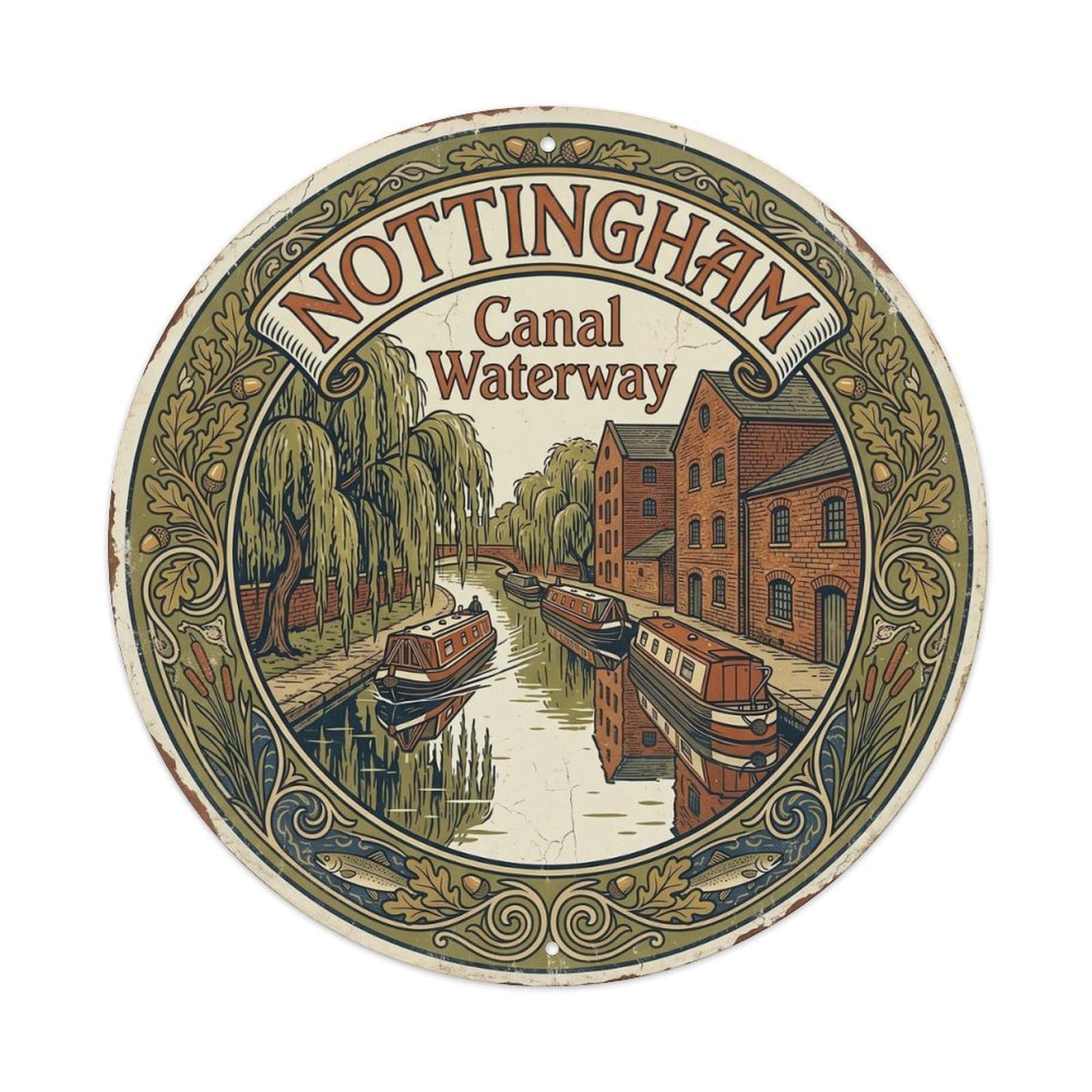 Vintage Travel Nottingham Canal Waterway Metal Tin Sign Plaque Wall Decor for Cafe, Club, Garden Round Metal Poster 8x8Inch