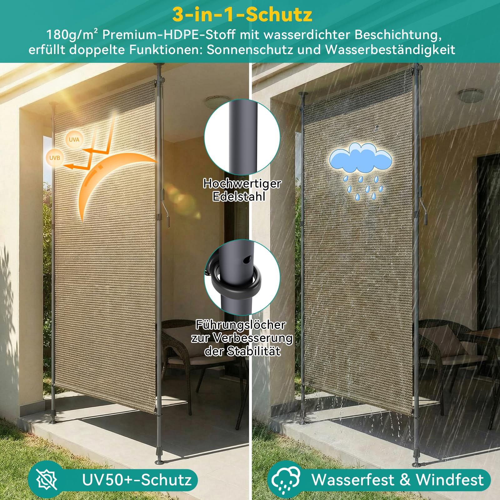 LIFERUN Store Vertical HDPE 150x310 cm Marron, Manivelle sans Perçage, Extensible Occultant, Brise-Vue, Protection Solaire, Résistant aux Intempéries pour Balcon, Terrasse, Jardin