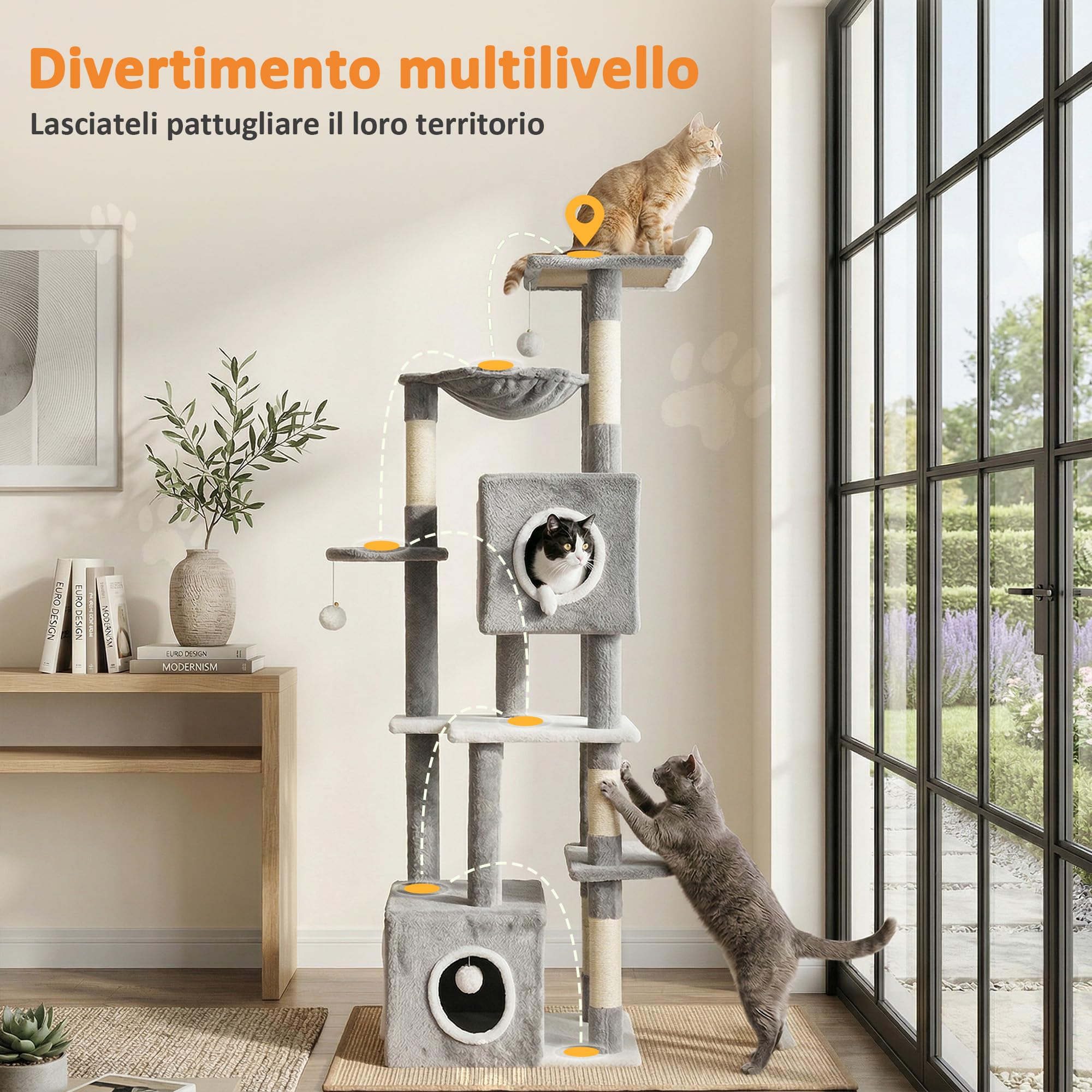 PawHut Tiragraffi per Gatti Alto 165cm con 4 Pali Graffiatoi Sisal Grigio | Albero per Gatti Multilivello, 2 Grotte, Cuccia, Amaca, 4 Pompon, Piattaforme, Rampa, Torre per Gattini, in Peluche