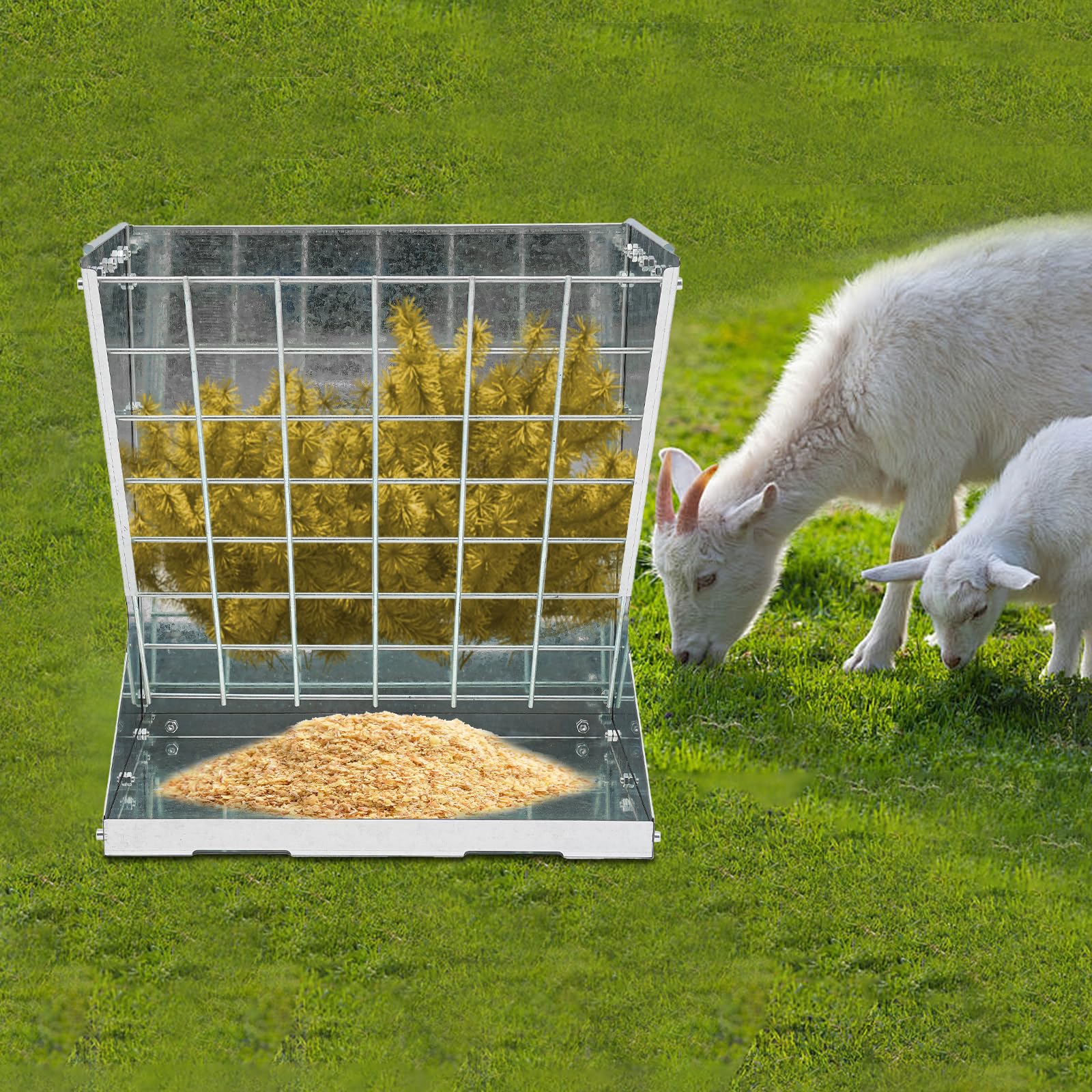 Comedero de heno con gancho, comedero grande para ovejas y cabras, 2 en 1 heno y grano/alimentador para granjas, patios, 56,61 x 33,27 x 59,94 cm, capacidad de carga de 30 kg, plata