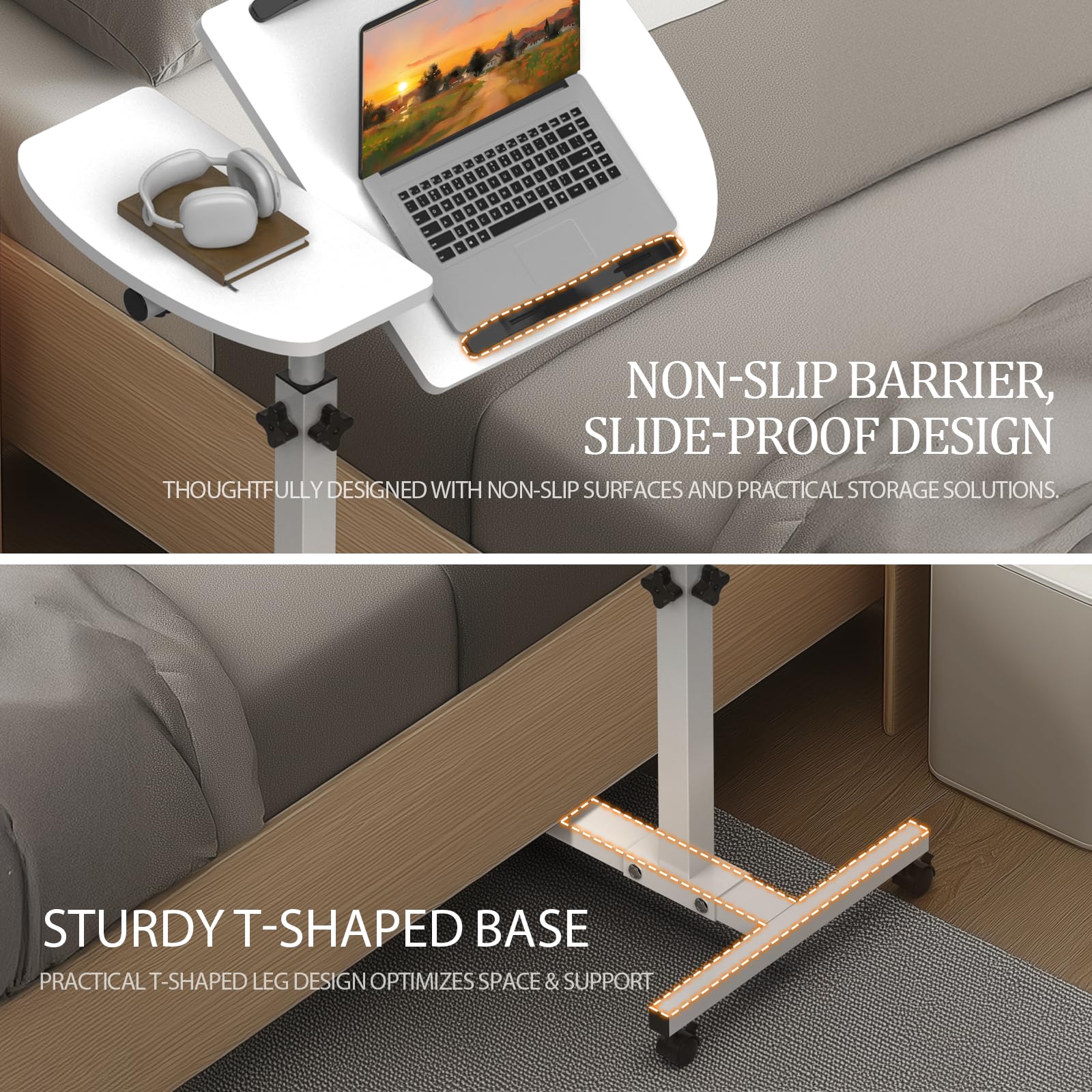 Huracan Table de lit avec roulettes pour ordinateur portable, réglable en hauteur, 59 à 89 cm, double plateau 40 x 40 et 20 x 40, mobile, table de chevet, pour lit d'hôpital, chambre et salon, blanche