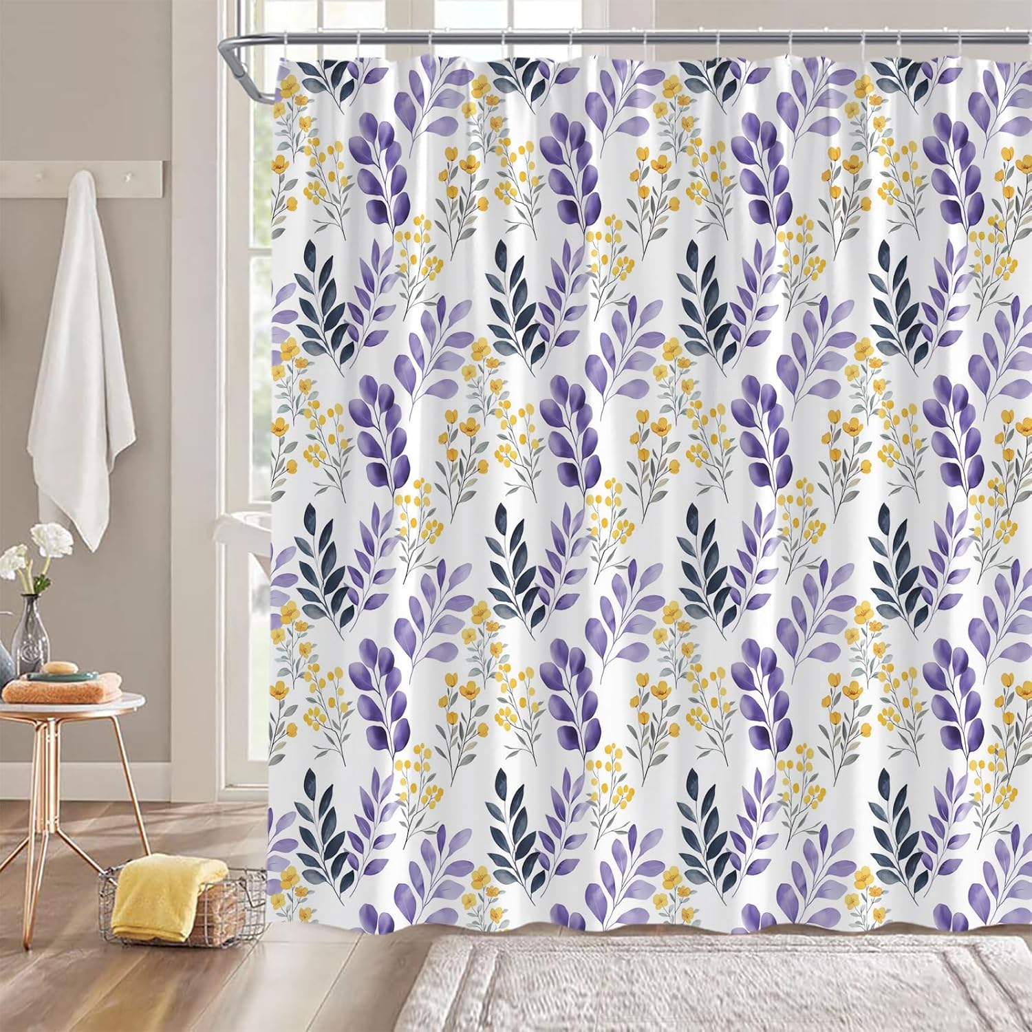 Spring Leaves Floral Shower Curtain 70" Wx96 H,Purple Yellow Watercolor Flower Rustic Farbic Bathroom Decor with Hook