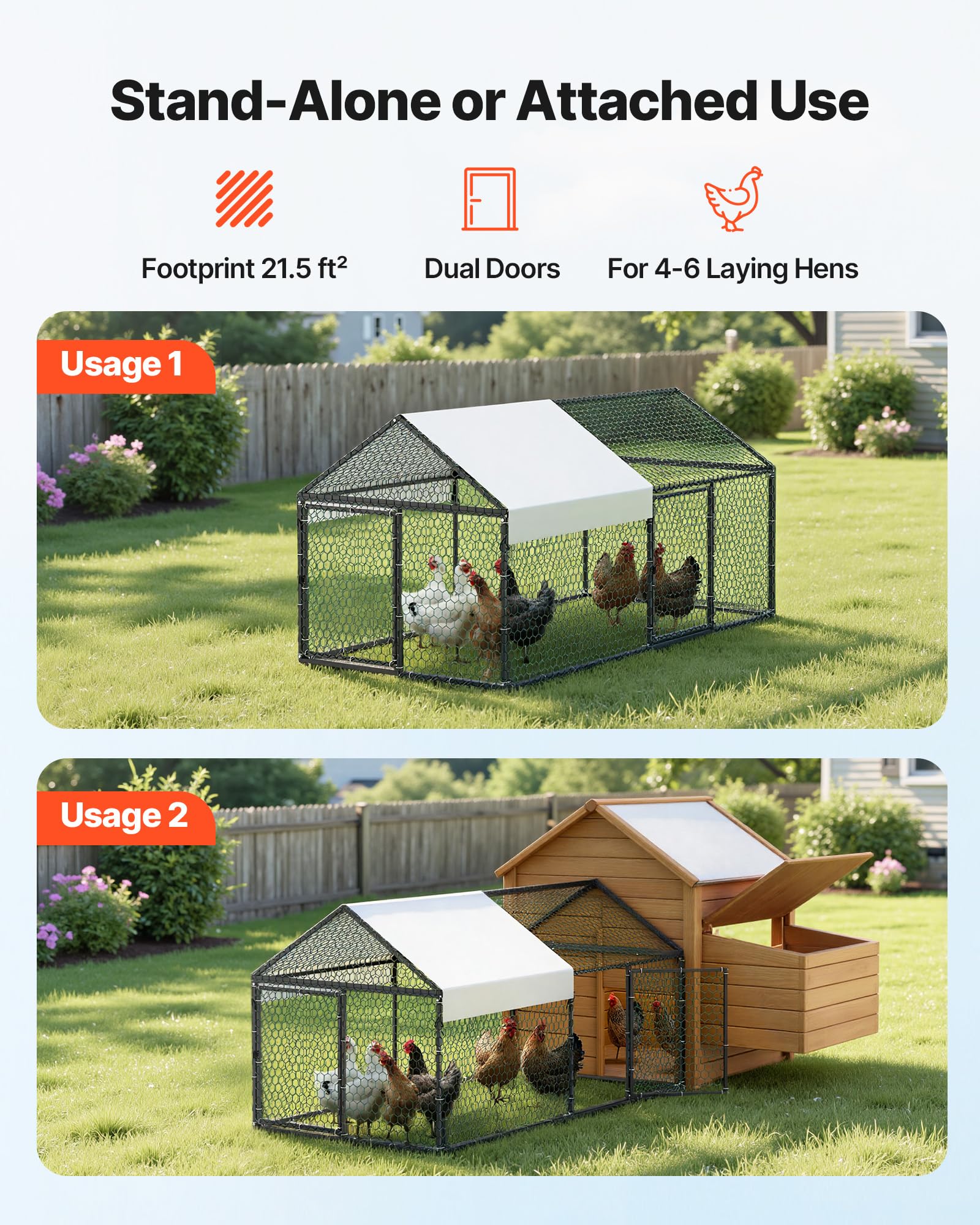 VEVOR Pollaio in Metallo 1 x 2 x 1 m per 4-6 Galline, Gabbia per Polli con Copertura Impermeabile e Doppie Porte, Tetto a Punta, Compatibile con Pollai in Legno, per Conigli Oche Anatre da Esterno